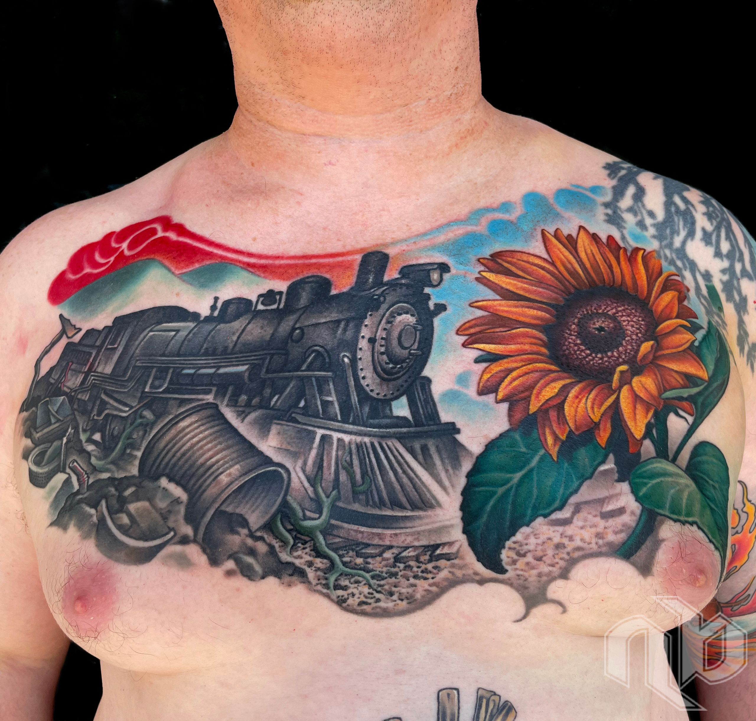 color illustrative chest tattoo locomotive Allen Ginsberg Sunflower Sutra tribute