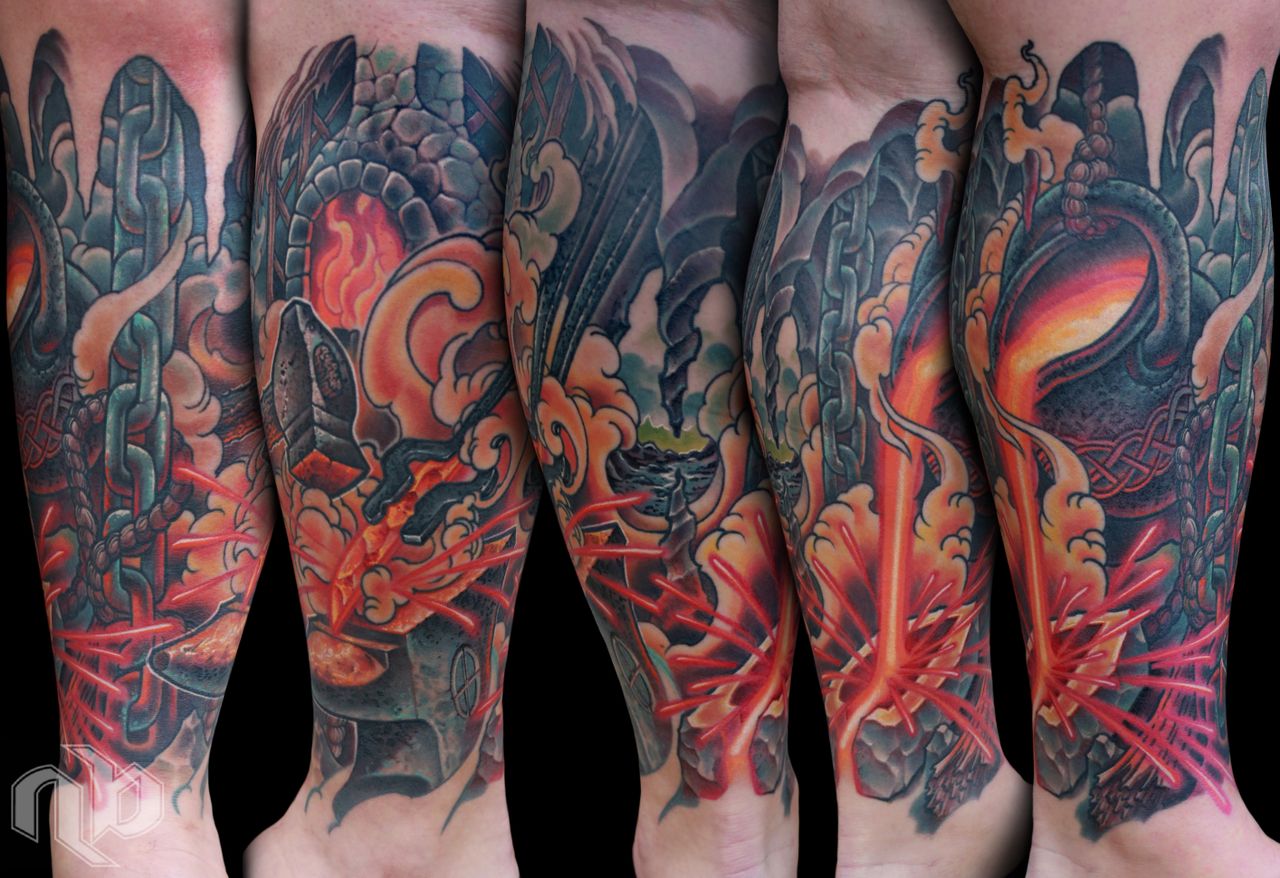 color blacksmith and celtic heritage themed leg tattoo by artist nick baxter in austin texas
