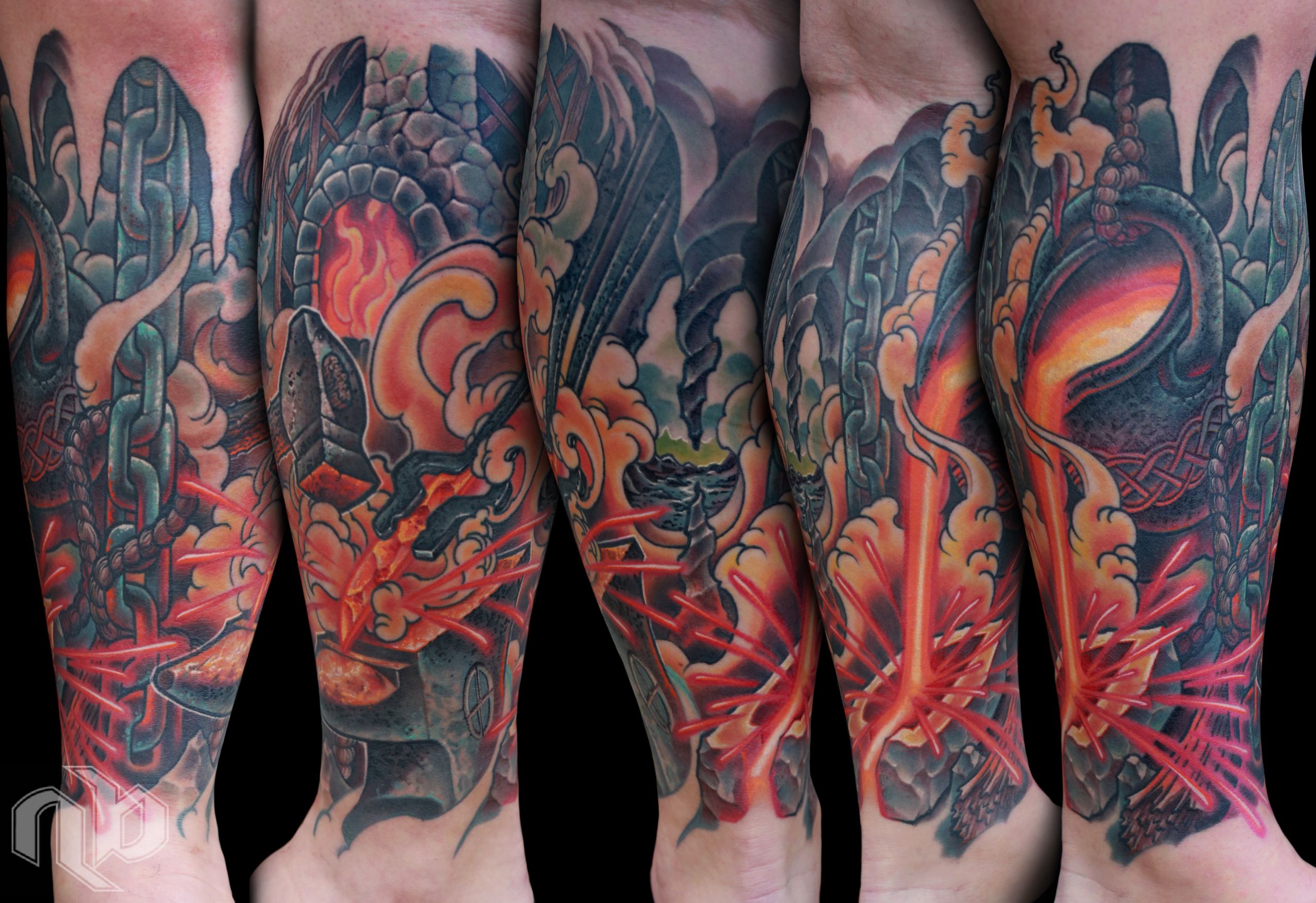 color blacksmith and celtic heritage themed leg tattoo by artist nick baxter in austin texas