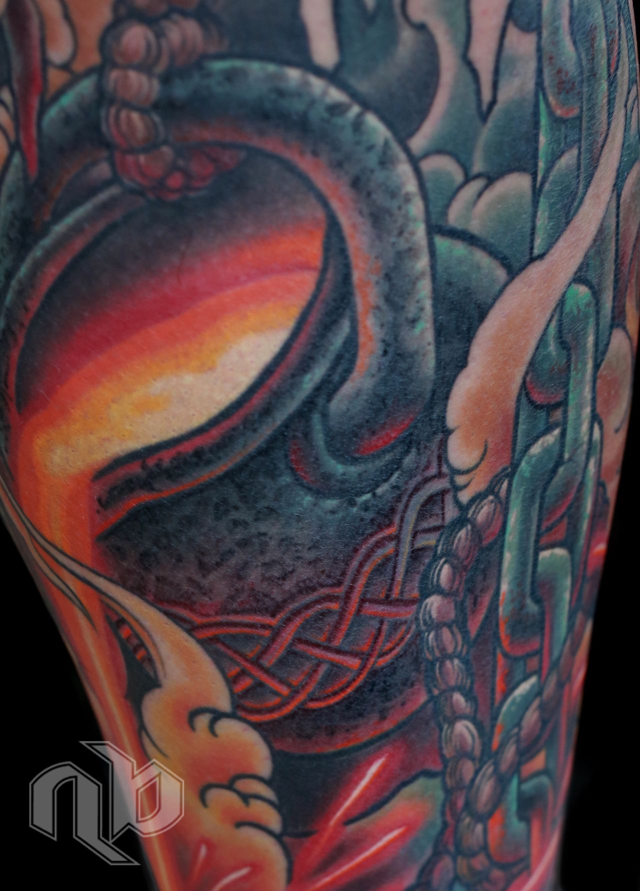 Ancient Blacksmithcolor blacksmith and celtic heritage themed leg tattoo by artist nick baxter in austin texas (detail)