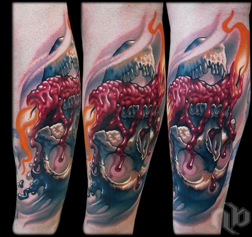 color surrealism skull with candle in its mouth burning at both ends by nick baxter in austin texas