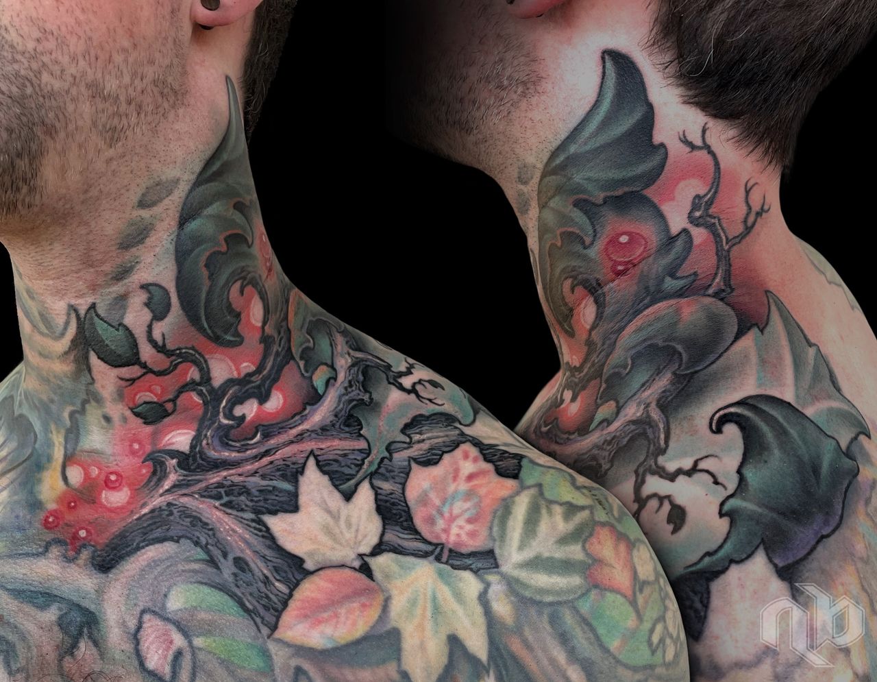 color bio-organic autumn tree limbs with leaves and glowing background spots by nick baxter in austin texas