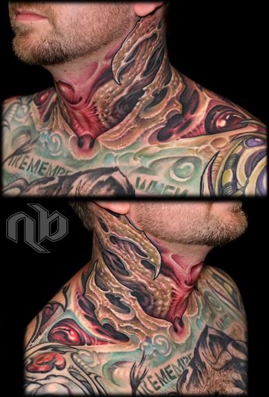 color bio-organic neck tattoo by nick baxter in austin texas
