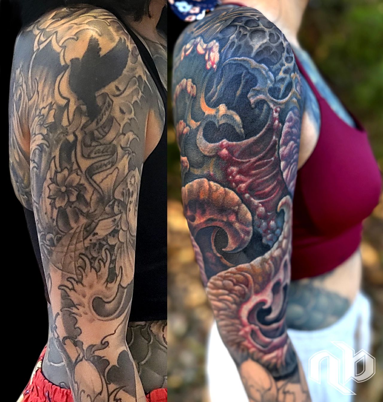 textured bio-organic color tattoo half sleeve with complex coverup by Nick Baxter in Austin Texas