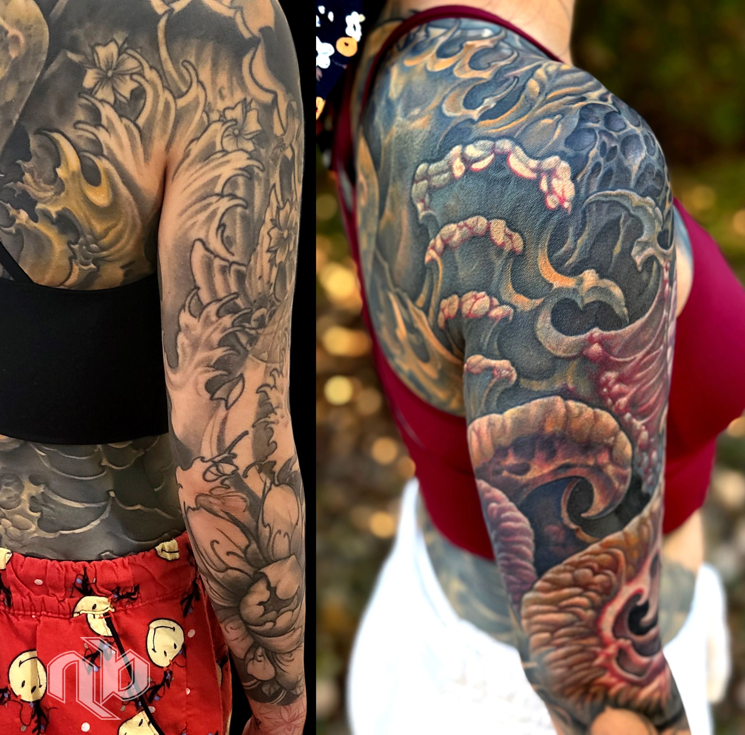 textured bio-organic color tattoo half sleeve with complex coverup by Nick Baxter in Austin Texas