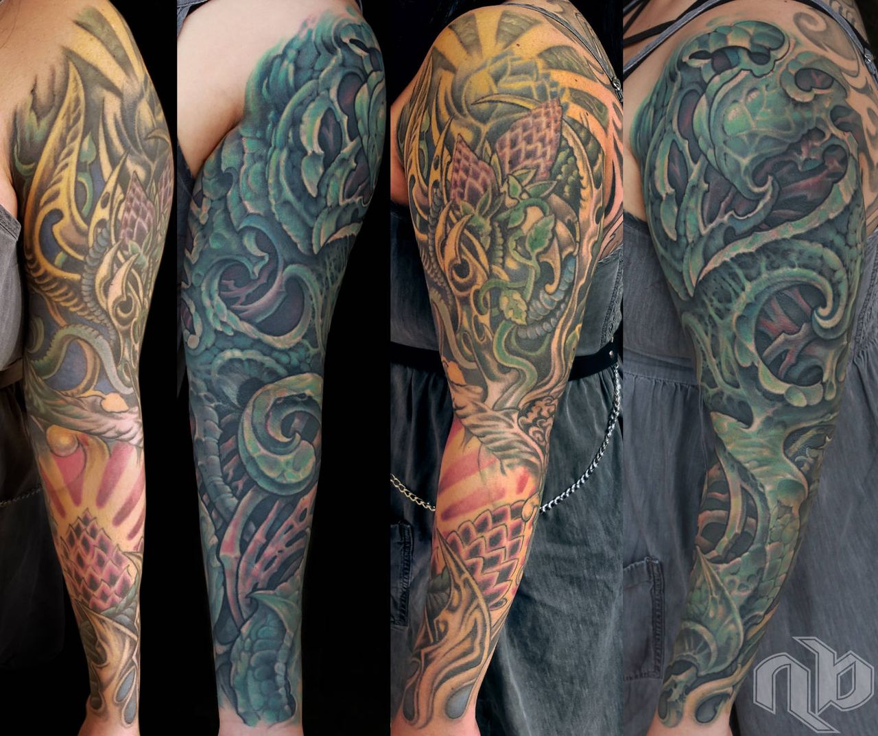 textural abstract bio-organic color tattoo sleeve coverup with swirly chunky formations by nick baxter in austin texas
