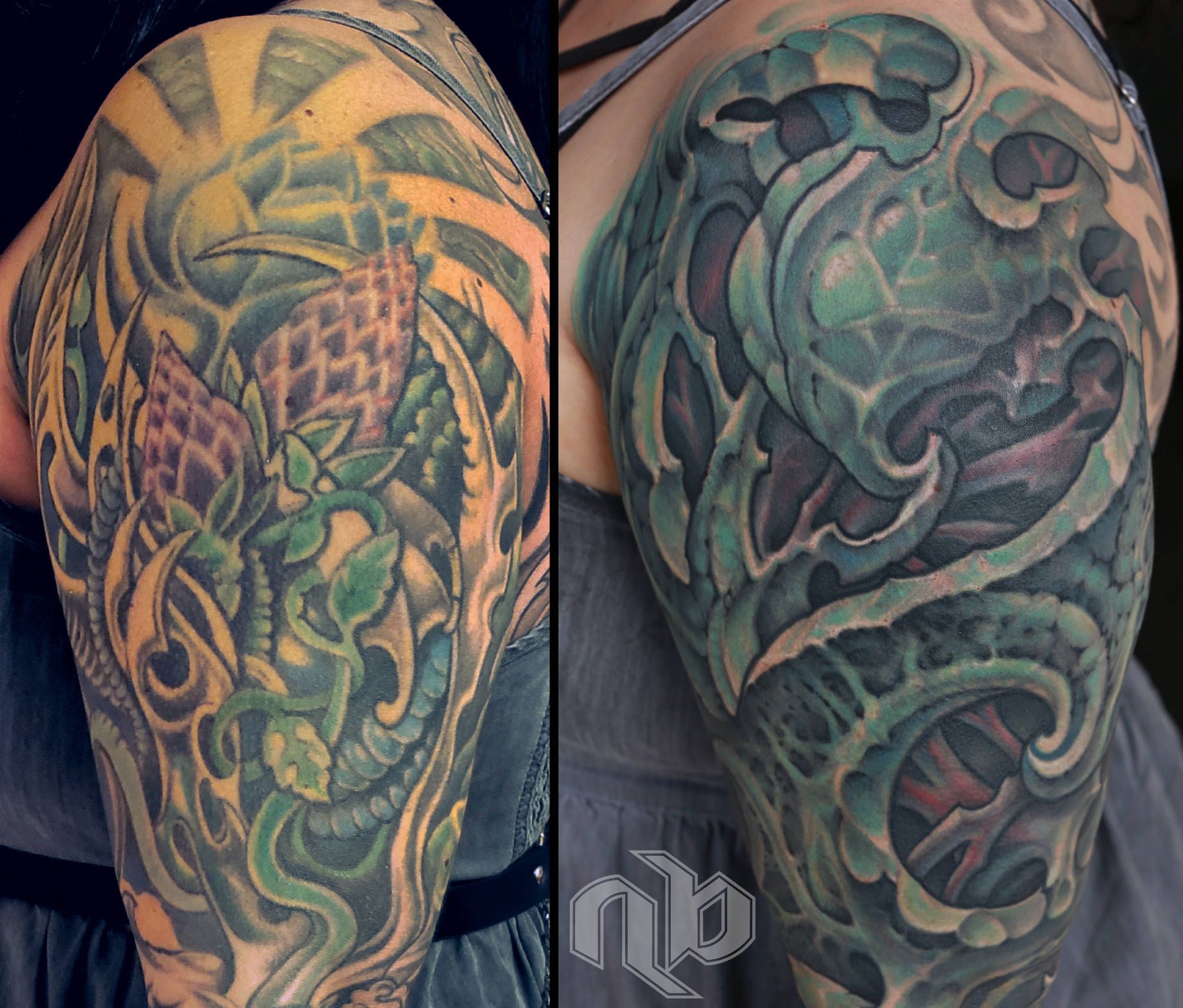 textural abstract bio-organic color tattoo sleeve coverup with swirly chunky formations by nick baxter in austin texas