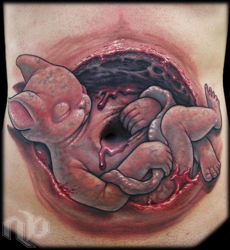Color tattoo on a man's stomach of a humanoid bunny creature emerging from an incision.