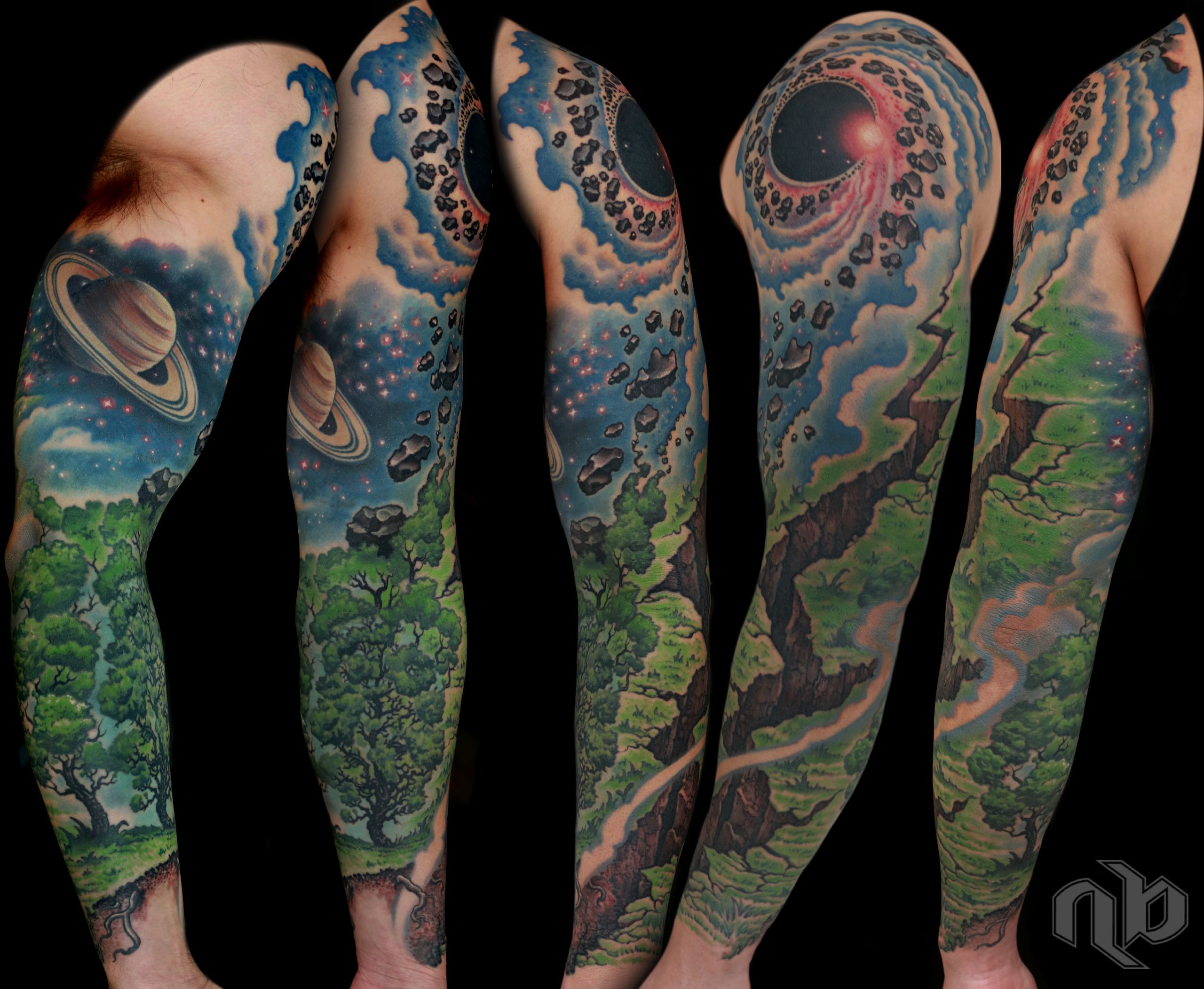Illustrative color outer space and nature science tattoo by nick Baxter in Austin Texas