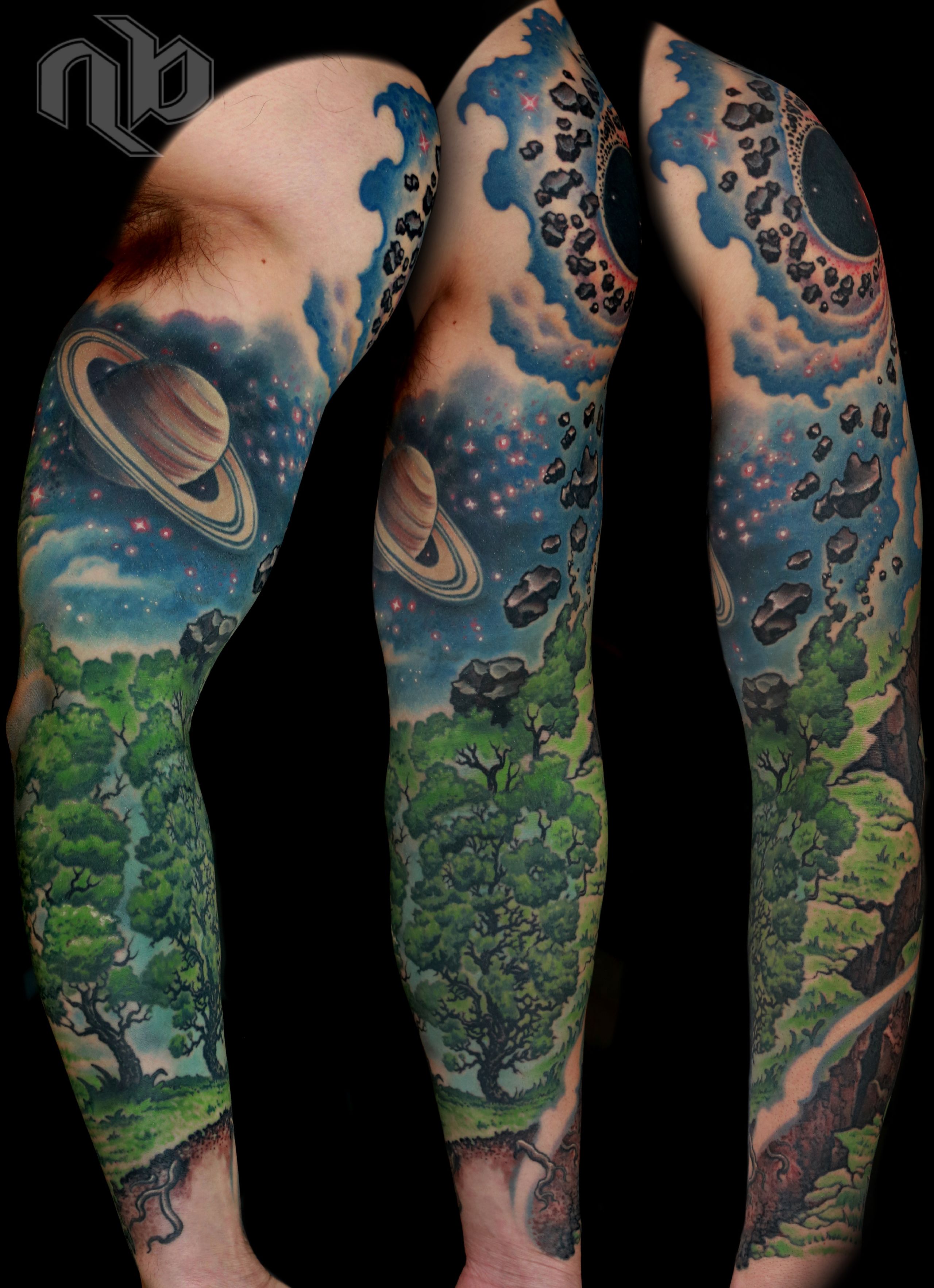 Illustrative color outer space and nature science tattoo by nick Baxter in Austin Texas