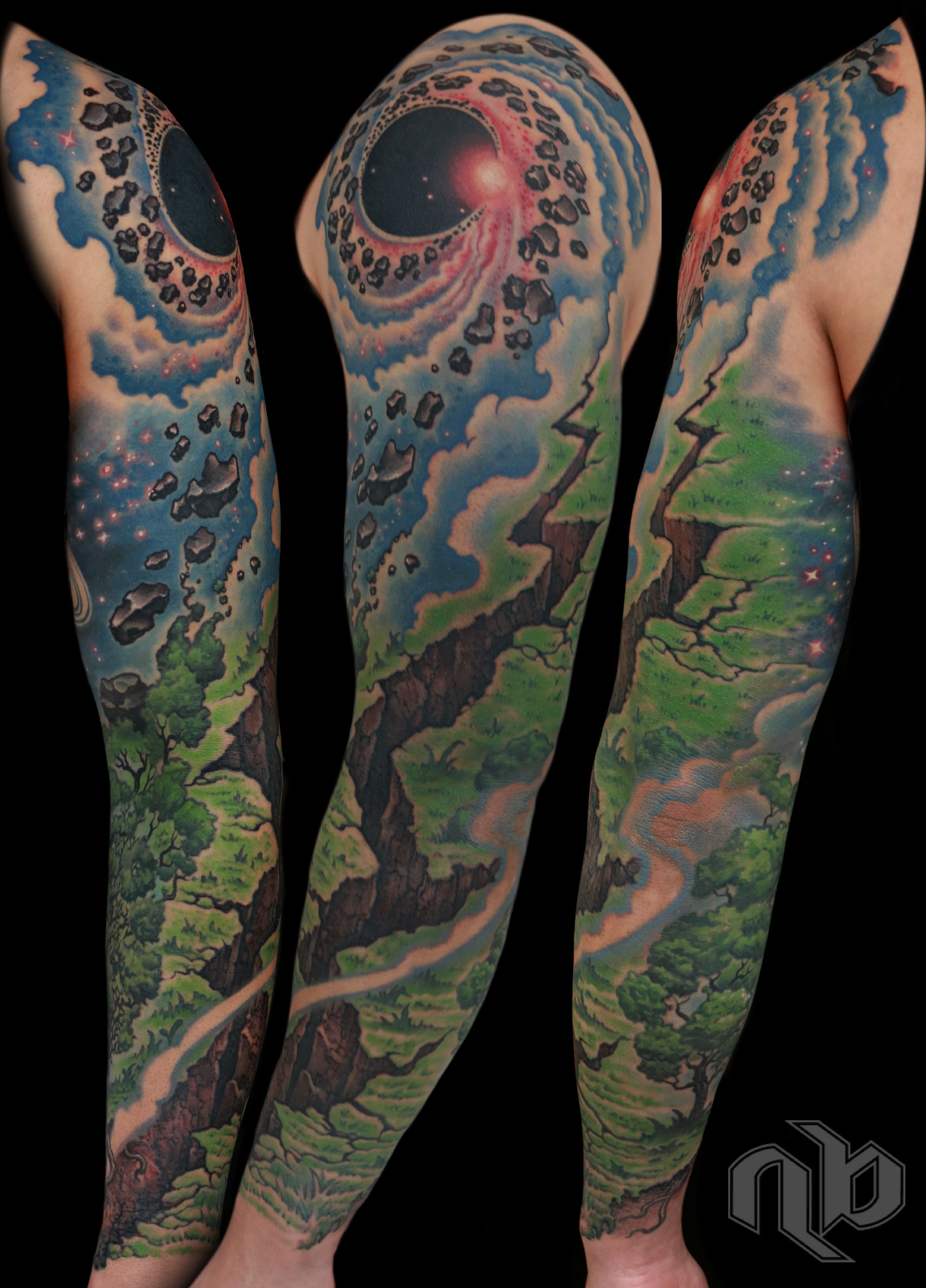 Illustrative color outer space and nature science tattoo by nick Baxter in Austin Texas