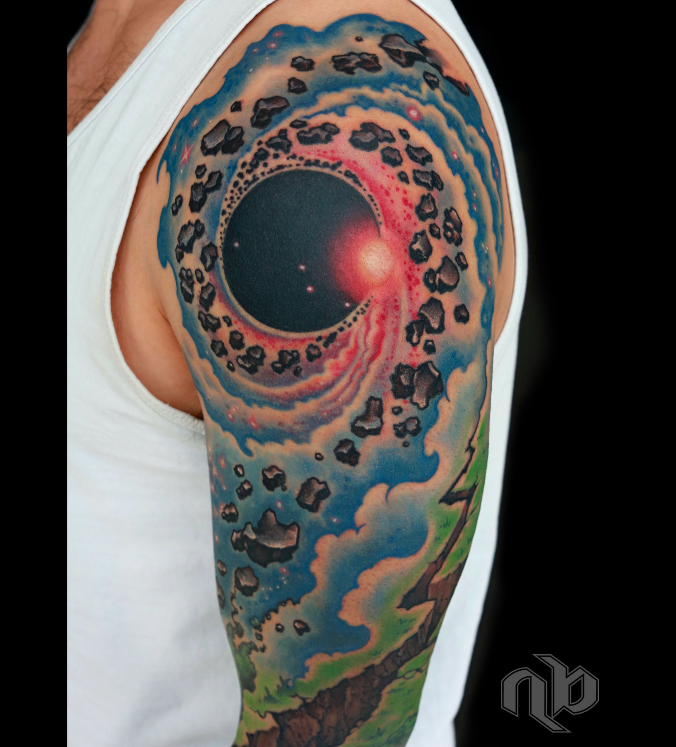 Illustrative color outer space and nature science tattoo by nick Baxter in Austin Texas