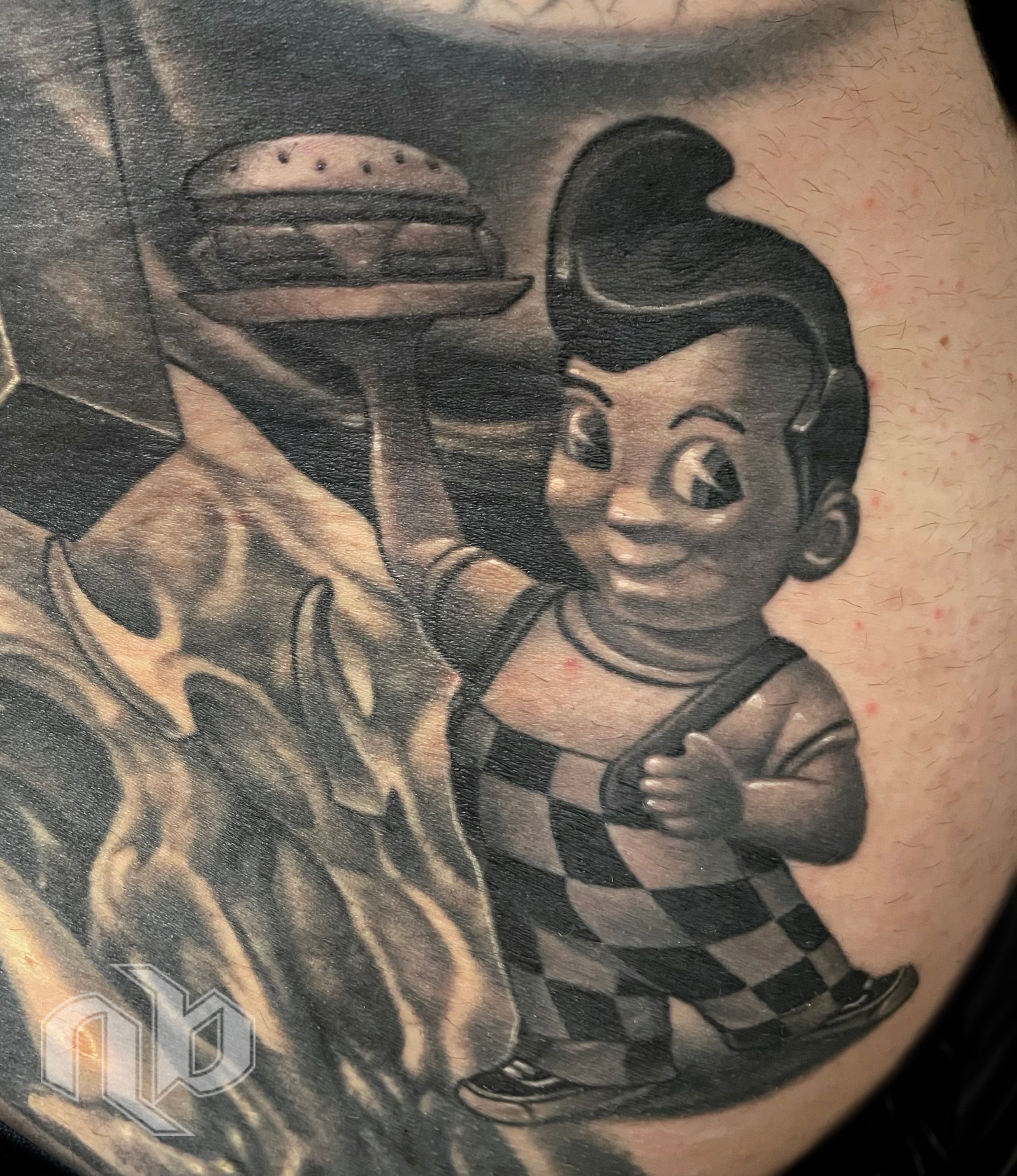 black and gray realism tattoo still life of bobs big boy burger stand statue logo by nick baxter in austin texas