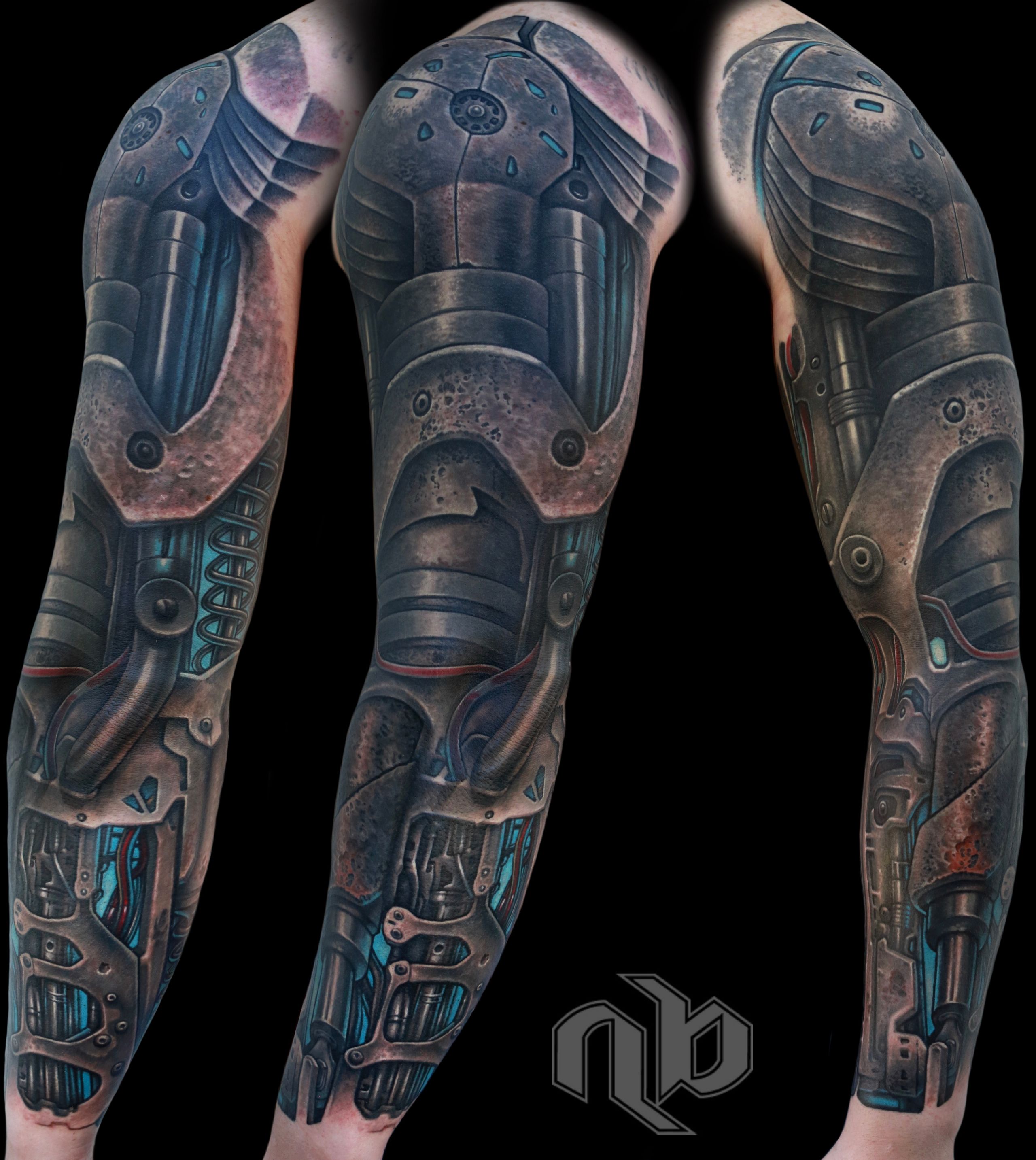 corroded and weathered patina metallic robot mech armor sleeve with springs, pistons and glowing wires and tubes by nick baxter in austin texas