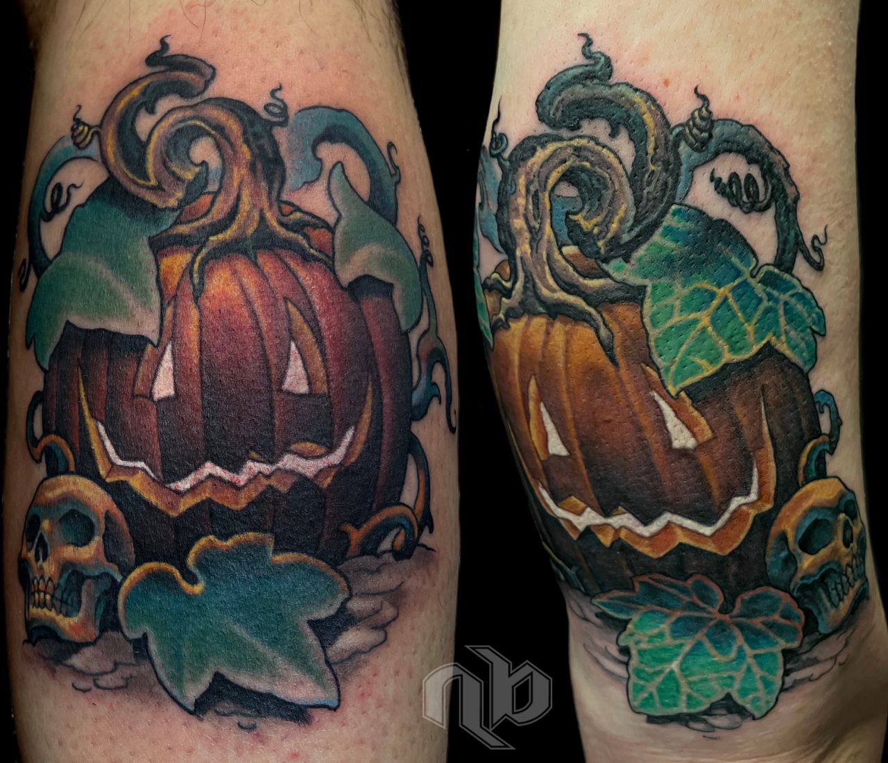 Color illustrative tattoo of matching jack-o-lantern carved pumpkins with vines, leaves and skull by Nick Baxter in Austin Texas