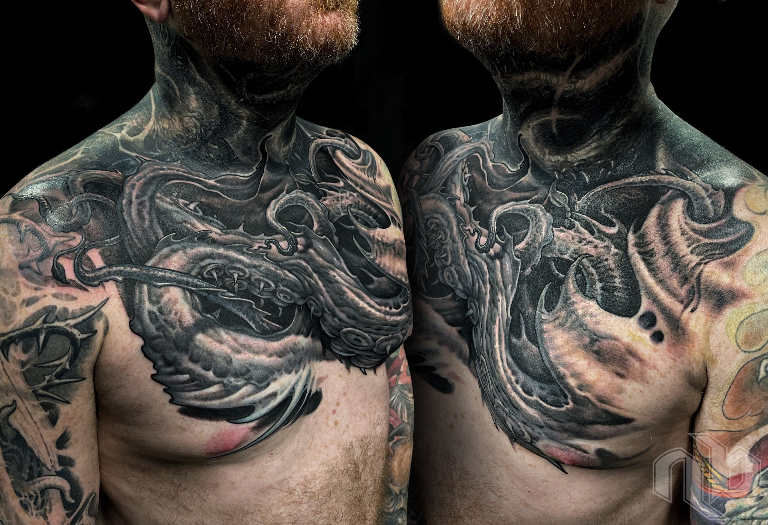 Side-by-side close views show a black-and-grey chest tattoo of a fanged, tentacled creature spreading across the shoulder and neck.