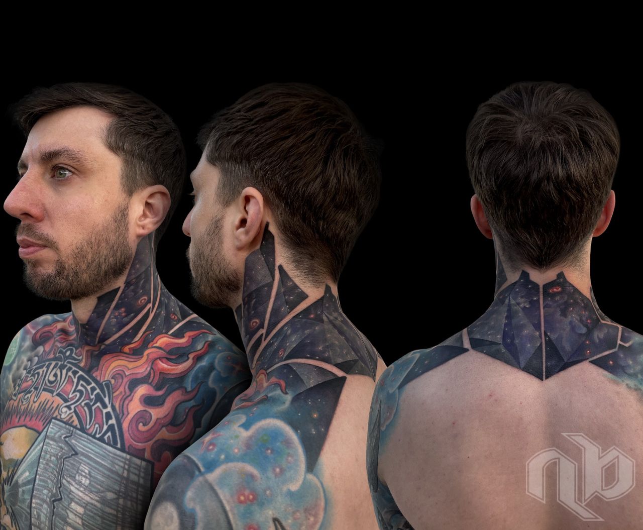 color geometric cyberpunk styled outer space neck tattoo with stars and galaxies by nick baxter in austin texas