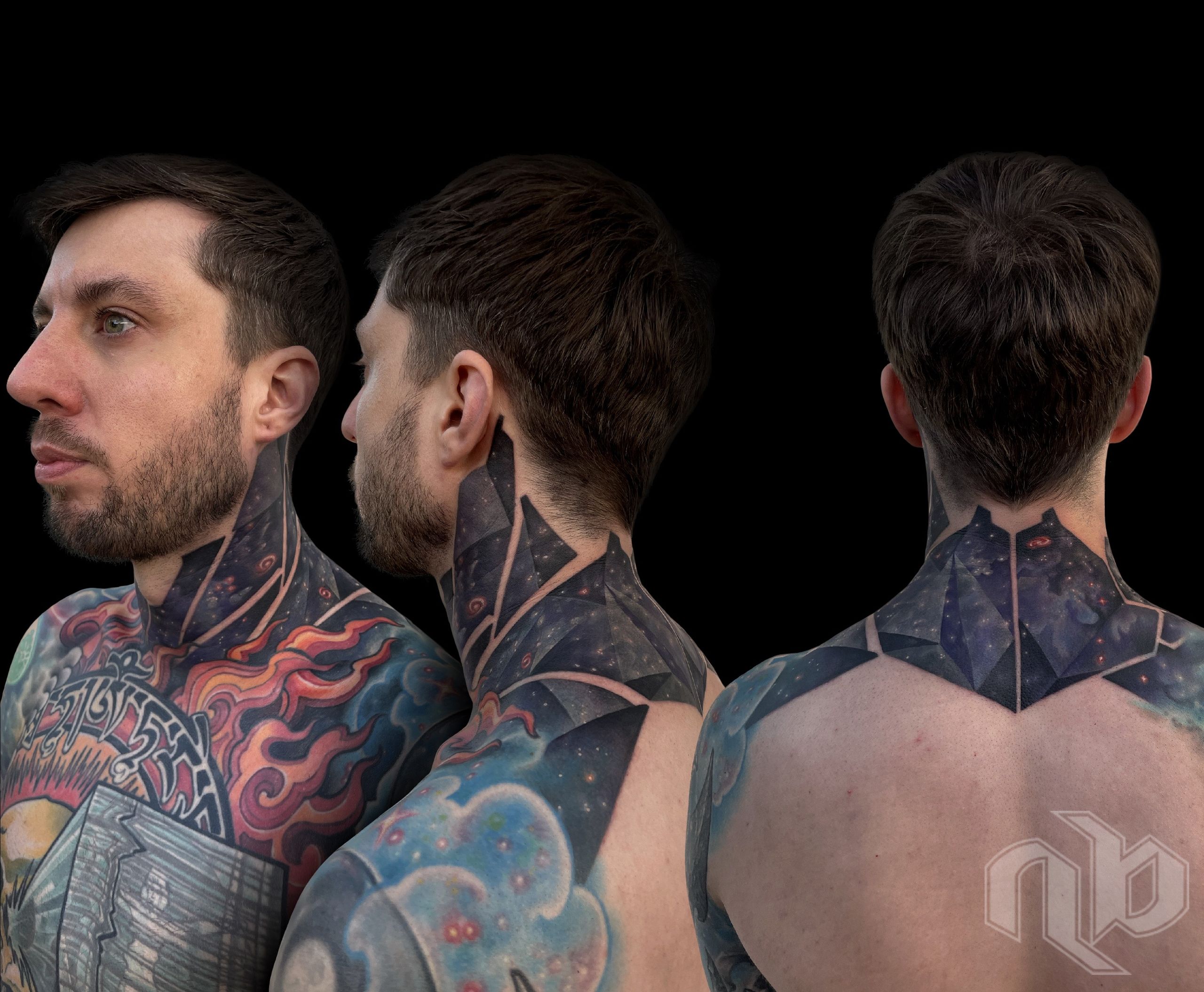 color geometric cyberpunk styled outer space neck tattoo with stars and galaxies by nick baxter in austin texas