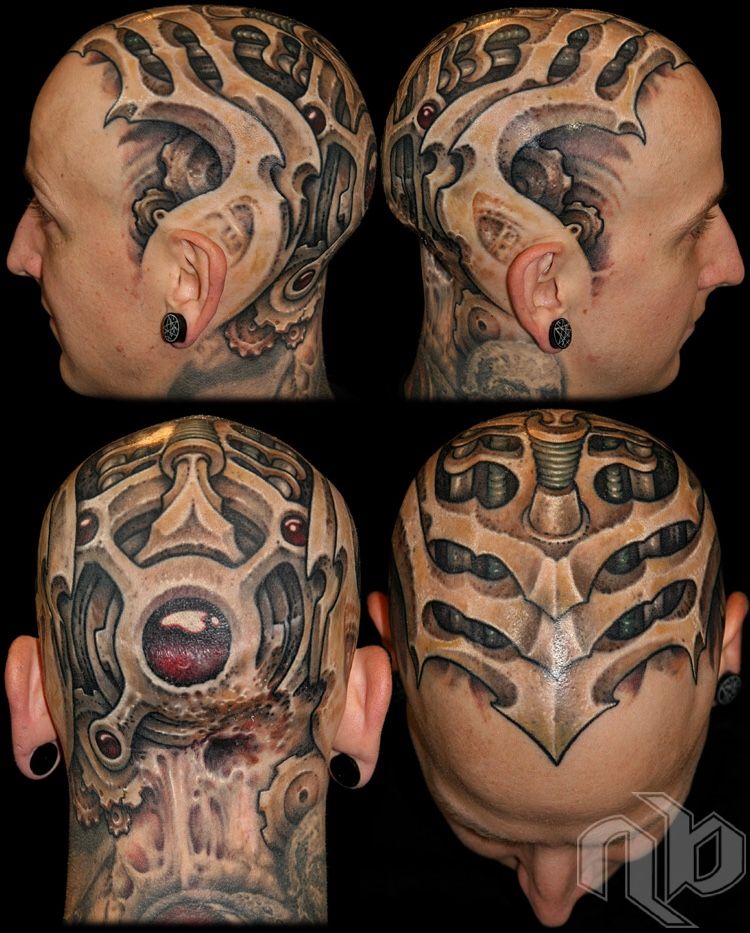 Cyborg biomechanical machinery head scalp tattoo by nick baxter in austin texas