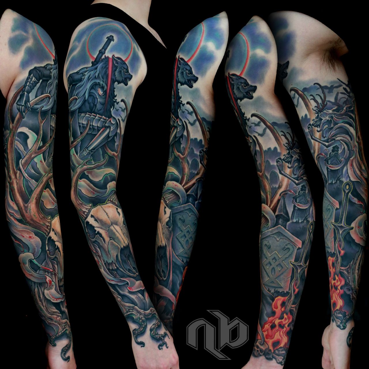 Illustrative fantasy video game tattoo by Nick Baxter in Austin Texas