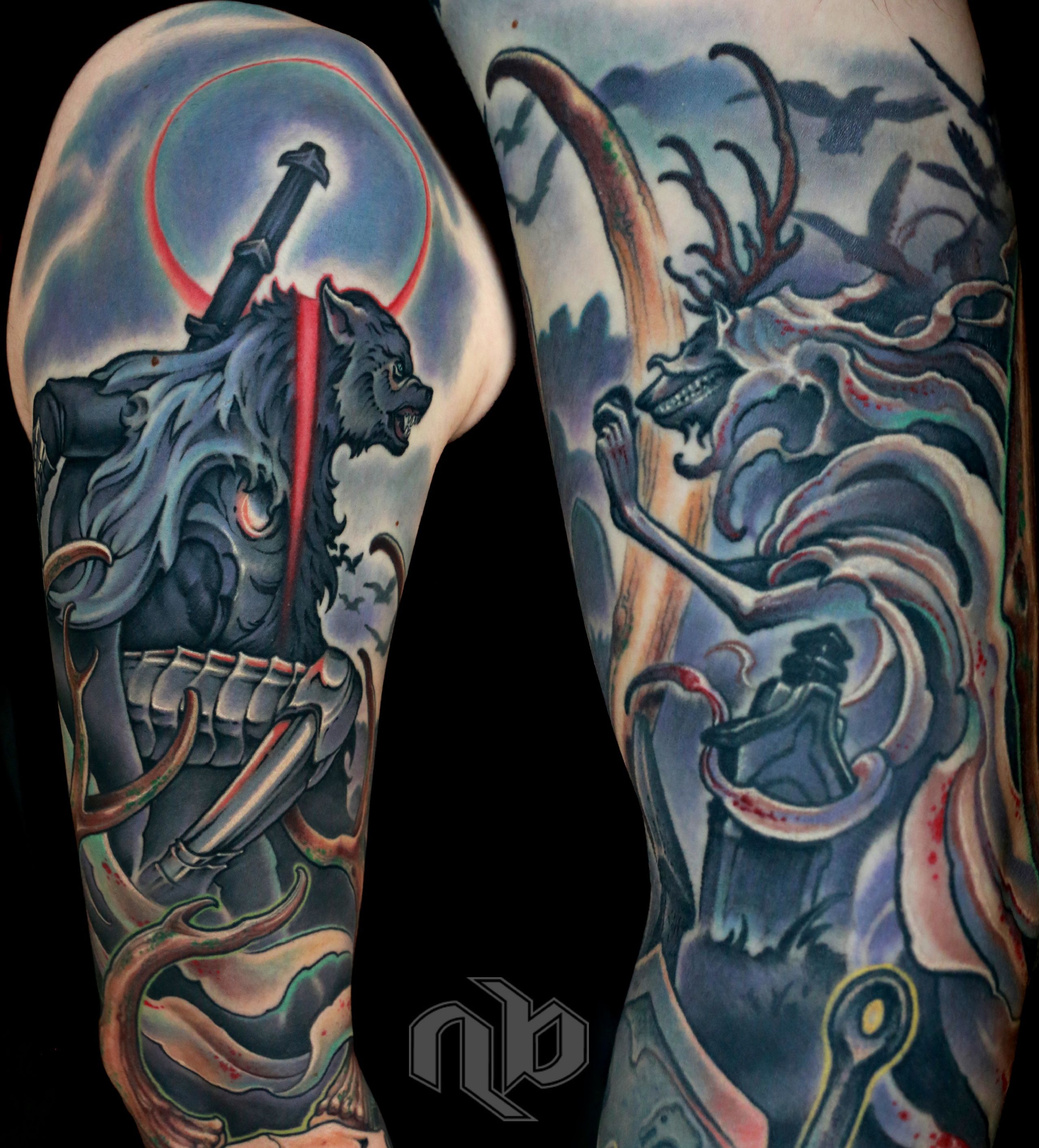 Illustrative fantasy video game tattoo by Nick Baxter in Austin Texas