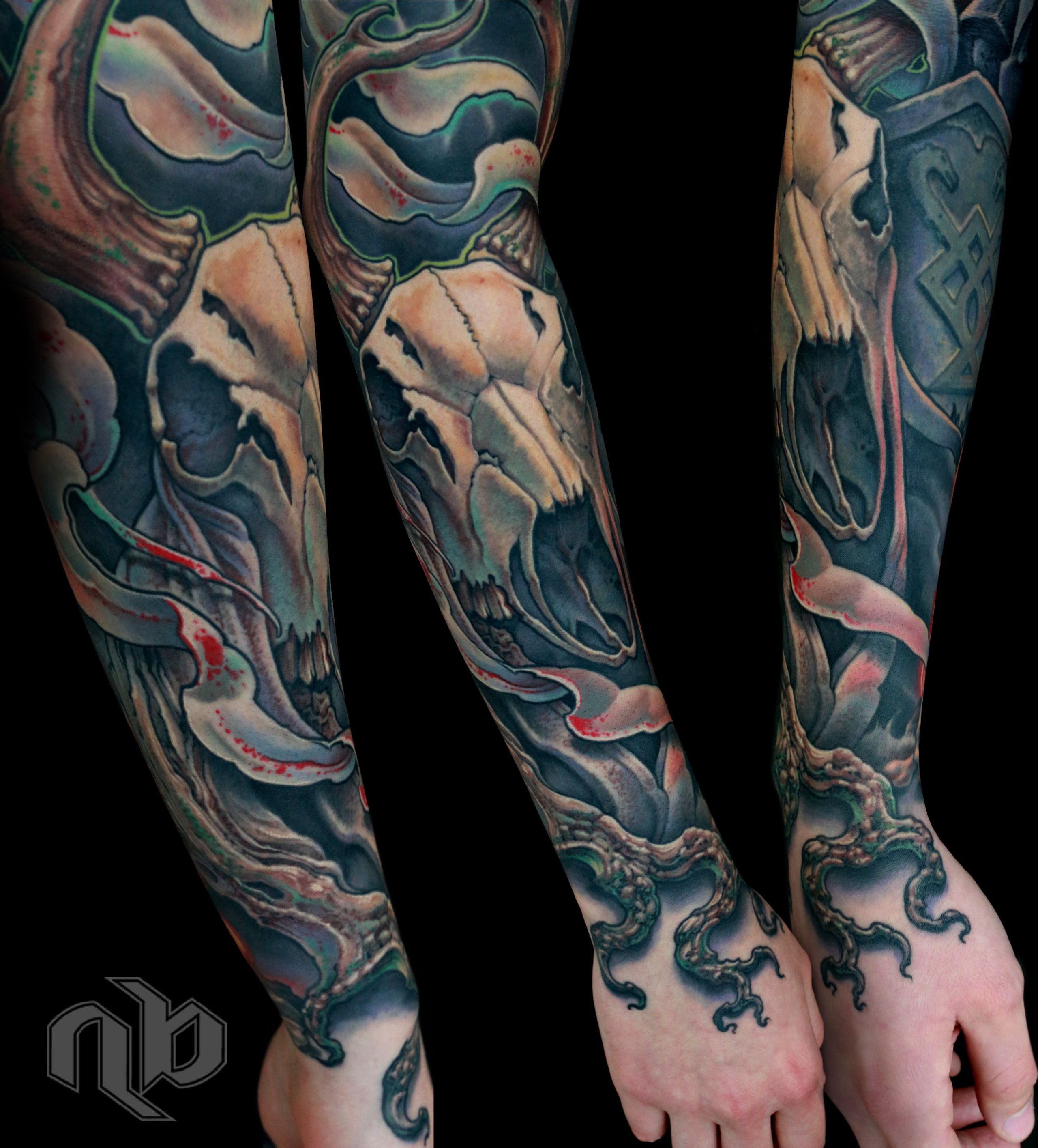 Illustrative fantasy video game tattoo by Nick Baxter in Austin Texas