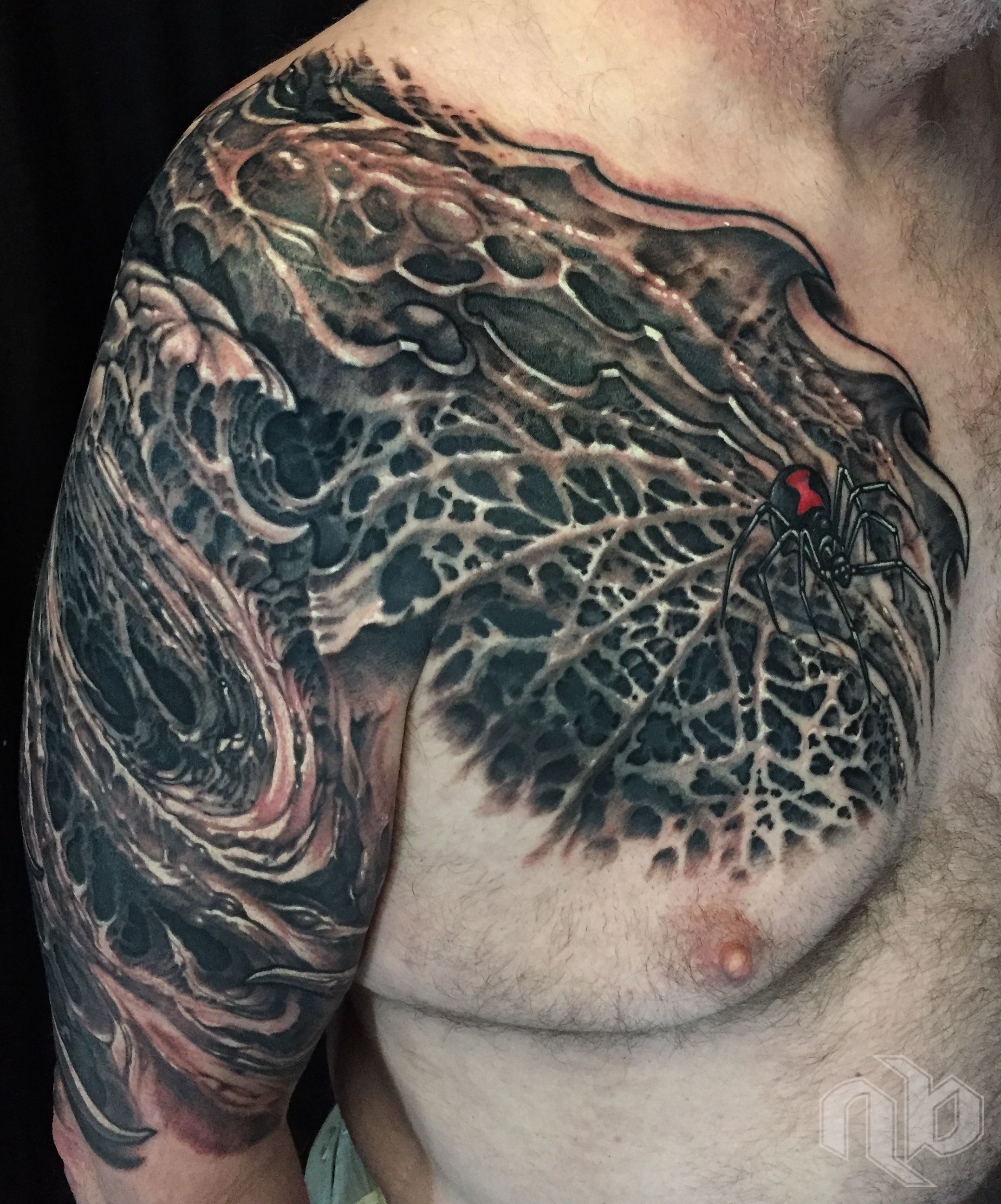 black and gray textured bio-organic dark art creepy spider with web tattoo by nick baxter in austin texas