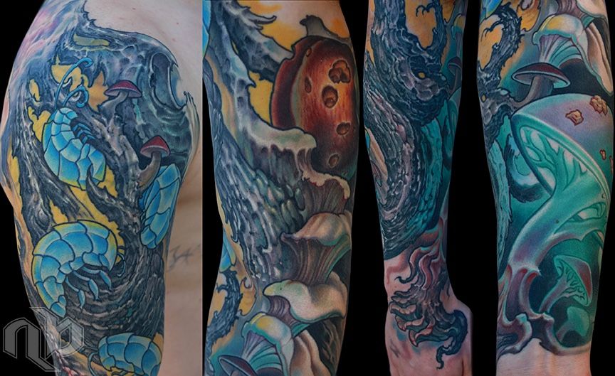 Four views of a large arm tattoo show twisted dark wood, turquoise segmented forms, mushrooms, and a pitted rotting peach against yellow accents.
