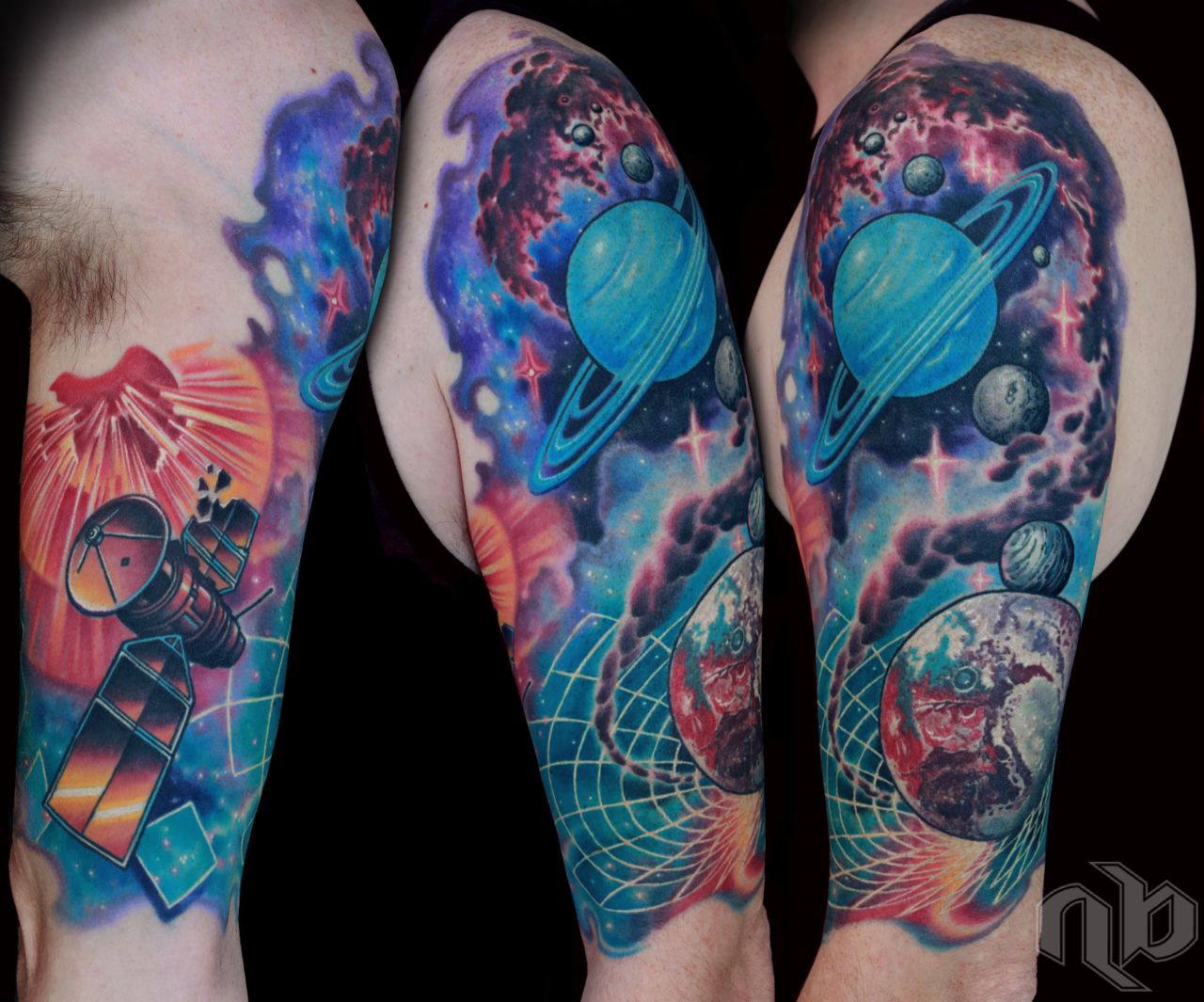 Three views show a vivid arm tattoo of ringed planets, stars, nebulae, satellites, and curved grids in blue, purple, and red.