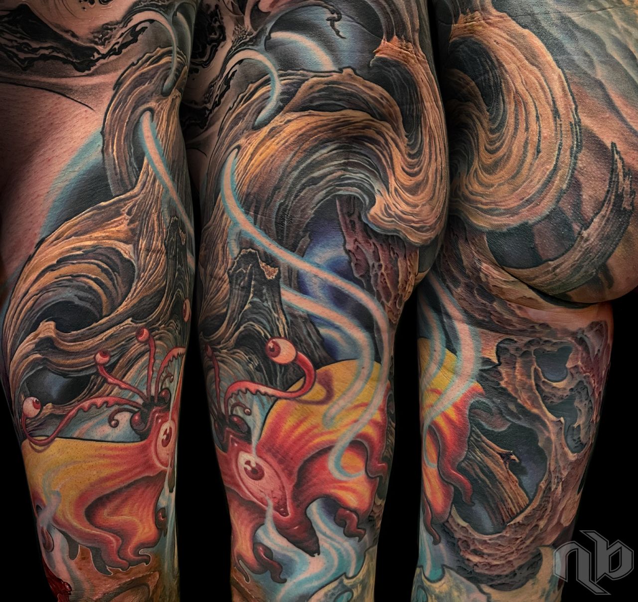 Bio-organic tattoo design featuring desert trees and rock, and a weird eyeball moth by nick baxter in austin texas