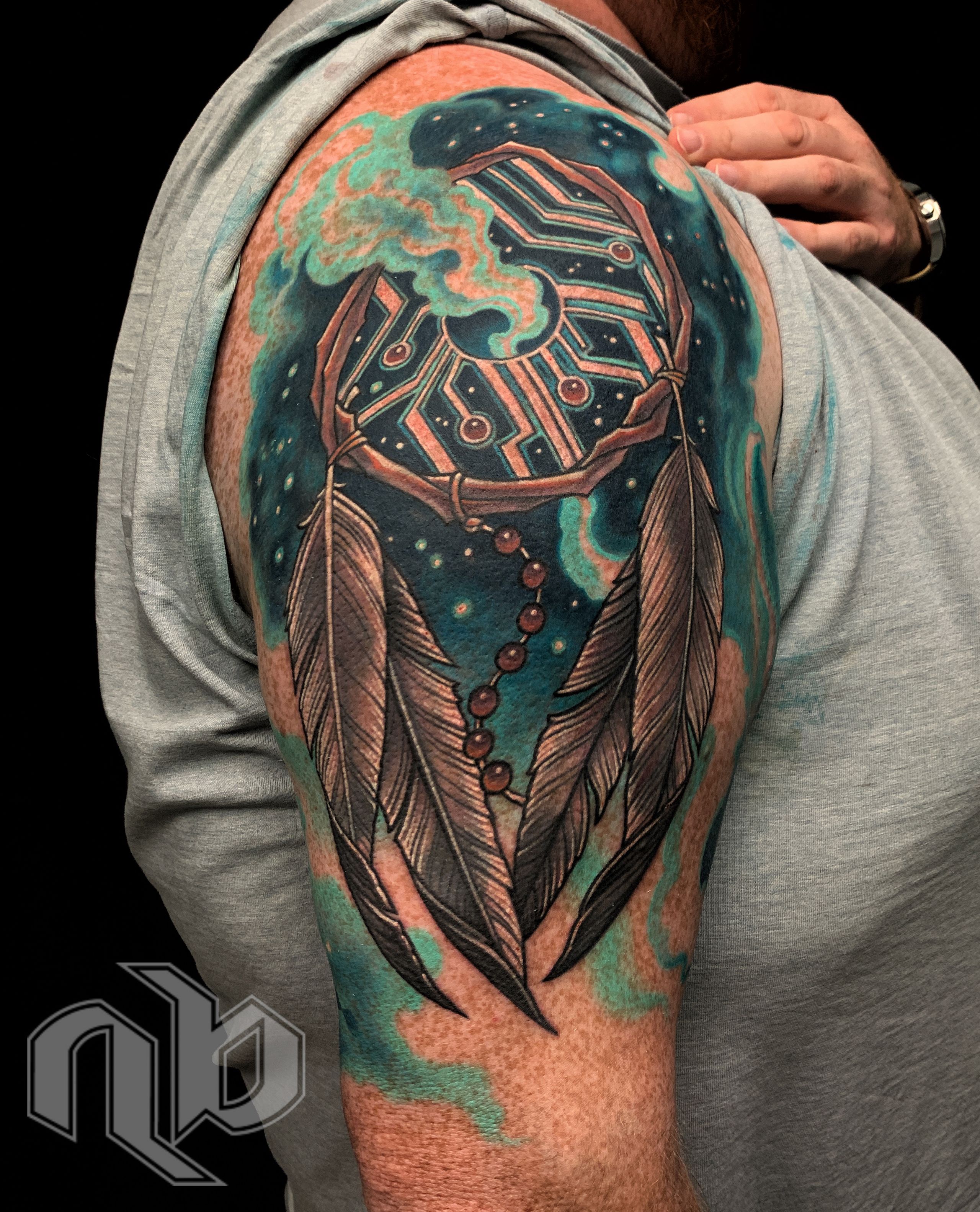 native american dreamcatcher color tattoo coverup with digital circuitry by nick baxter in austin texas