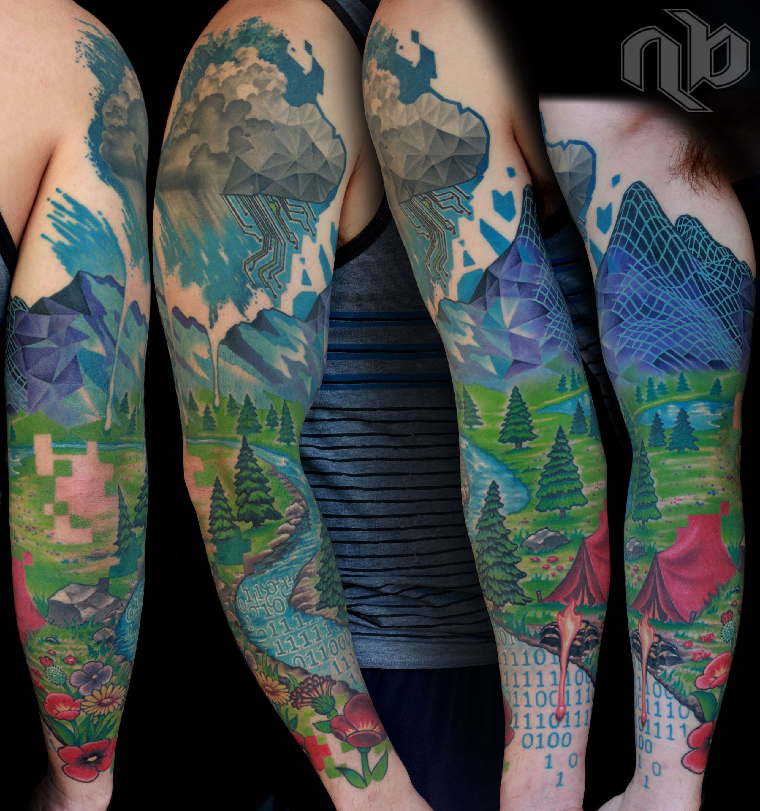Color full sleeve by Nick Baxter of stylized nature scene with mountains, cloud, and campsite turning into wireframe images and other digital artifacts