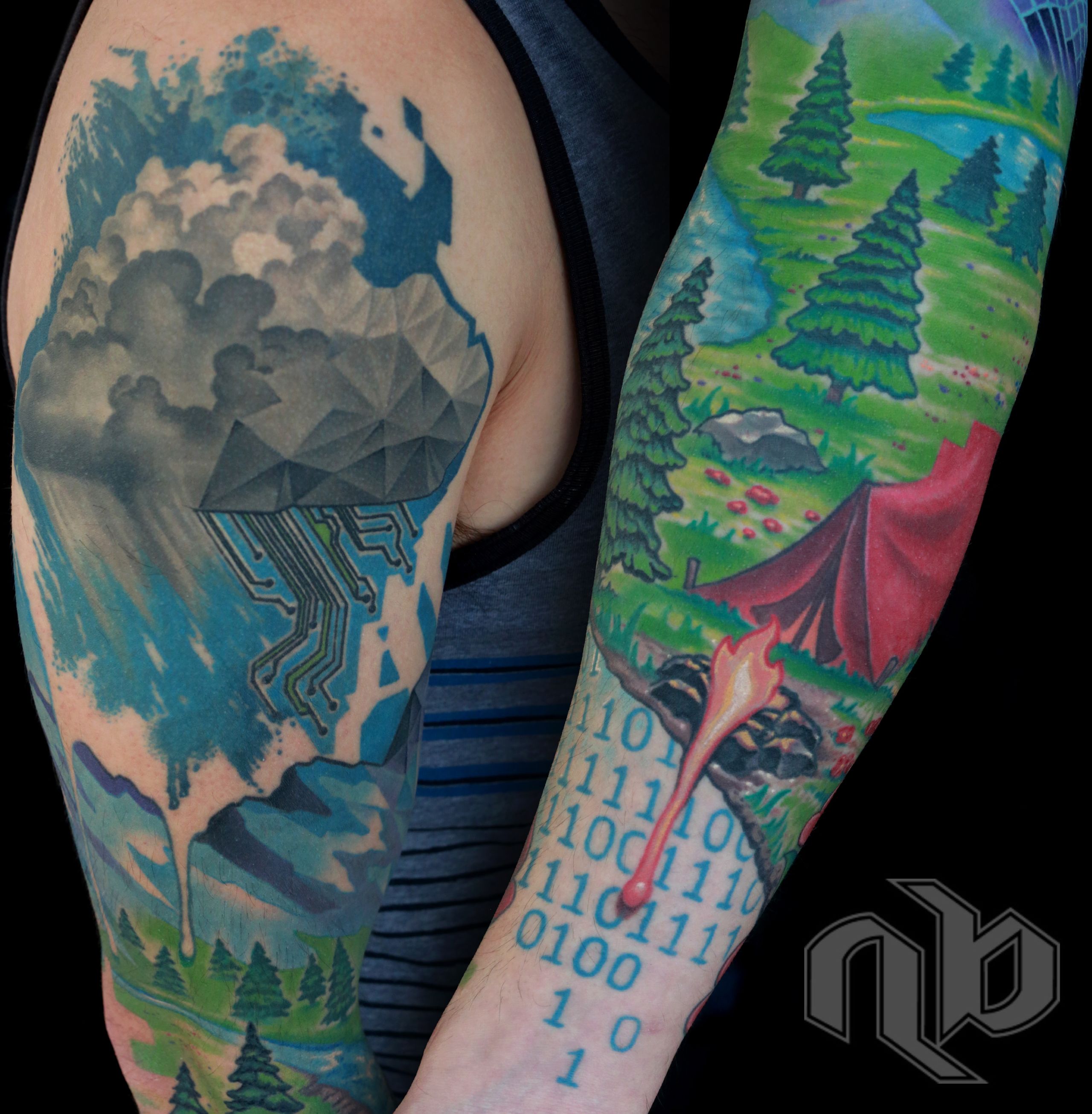 Color full sleeve by Nick Baxter of stylized nature scene with mountains, cloud, and campsite turning into wireframe images and other digital artifacts
