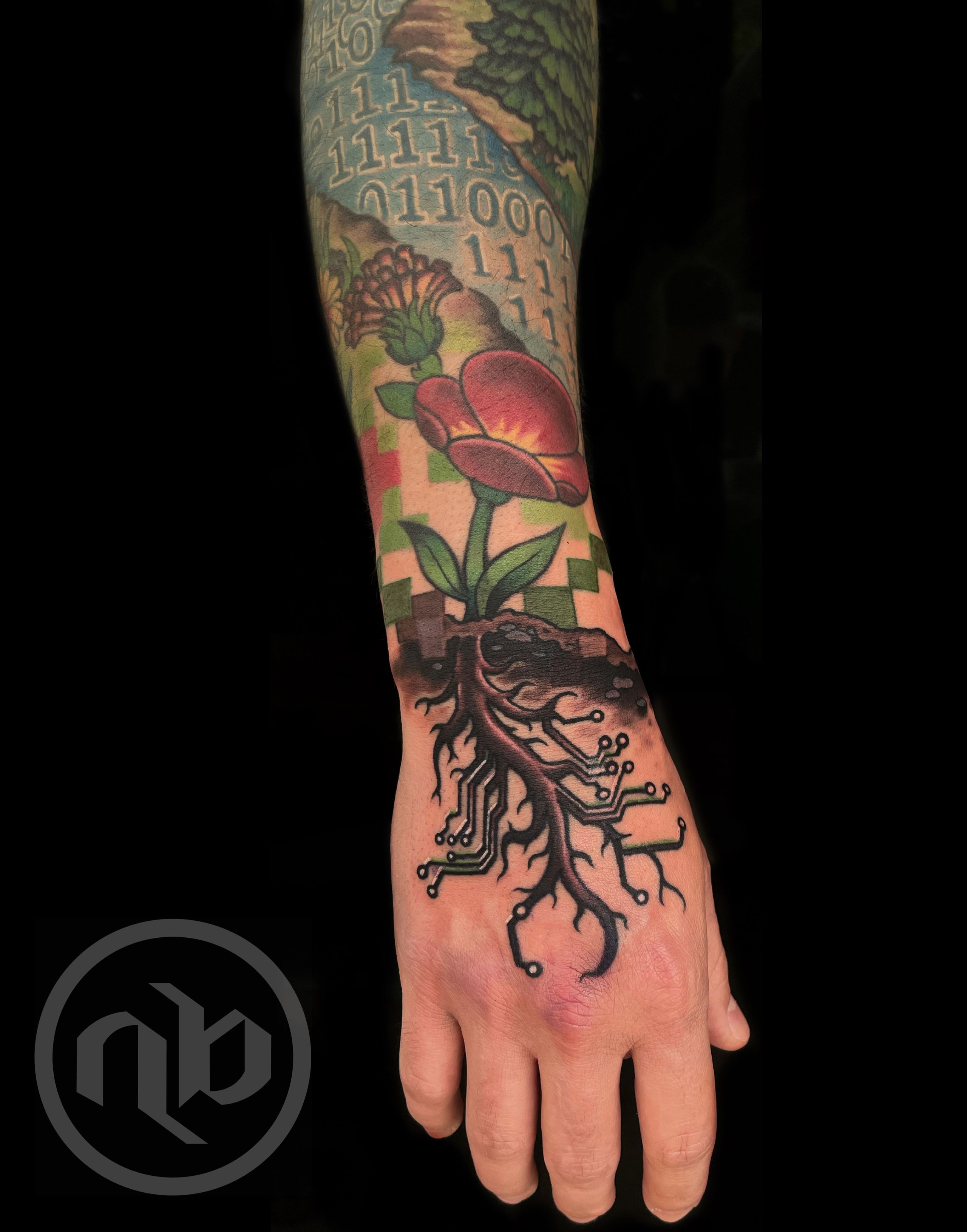 Color full sleeve by Nick Baxter of stylized nature scene with mountains, cloud, and campsite turning into wireframe images and other digital artifacts