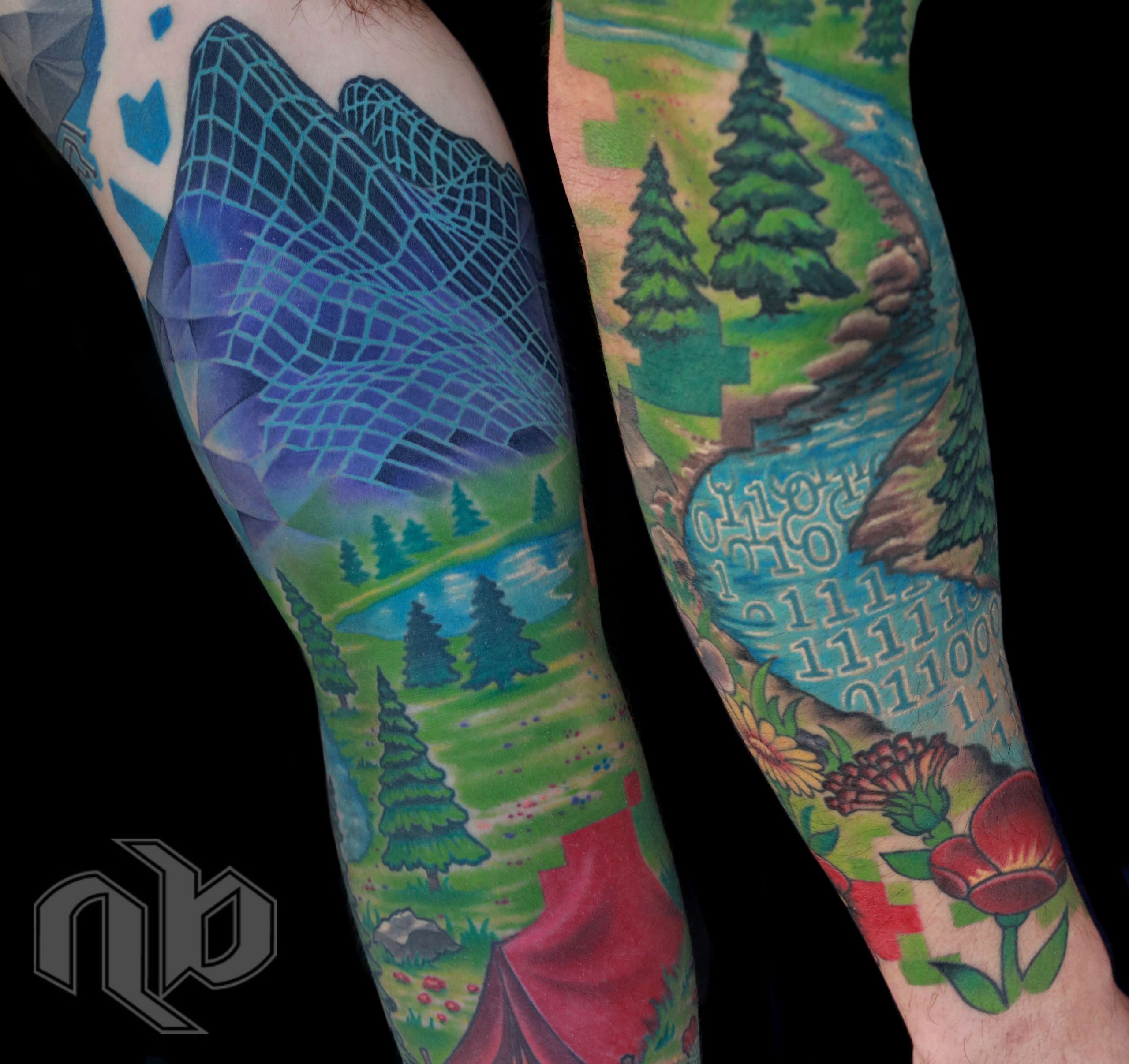 Color full sleeve by Nick Baxter of stylized nature scene with mountains, cloud, and campsite turning into wireframe images and other digital artifacts