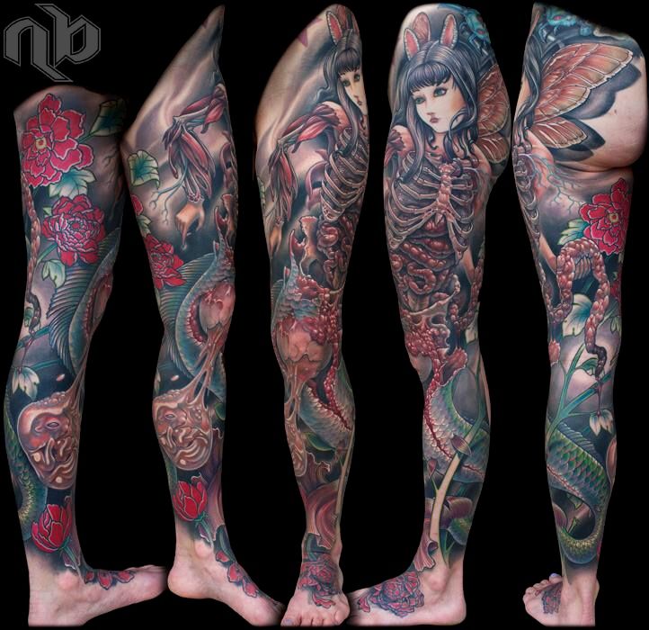 Five views of a large leg tattoo depict a winged mermaid with exposed ribs and organs, surrounded by red flowers and teal scales.