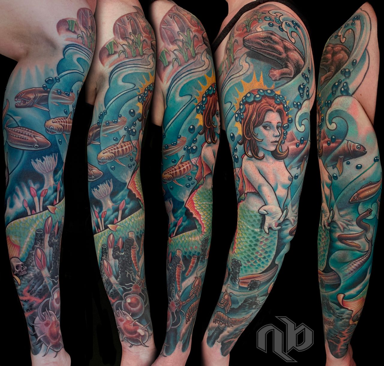 Five views show a large, colourful arm tattoo of a mermaid amid turquoise waves, fish, marine plants, bubbles, and prehistoric sea creatures.