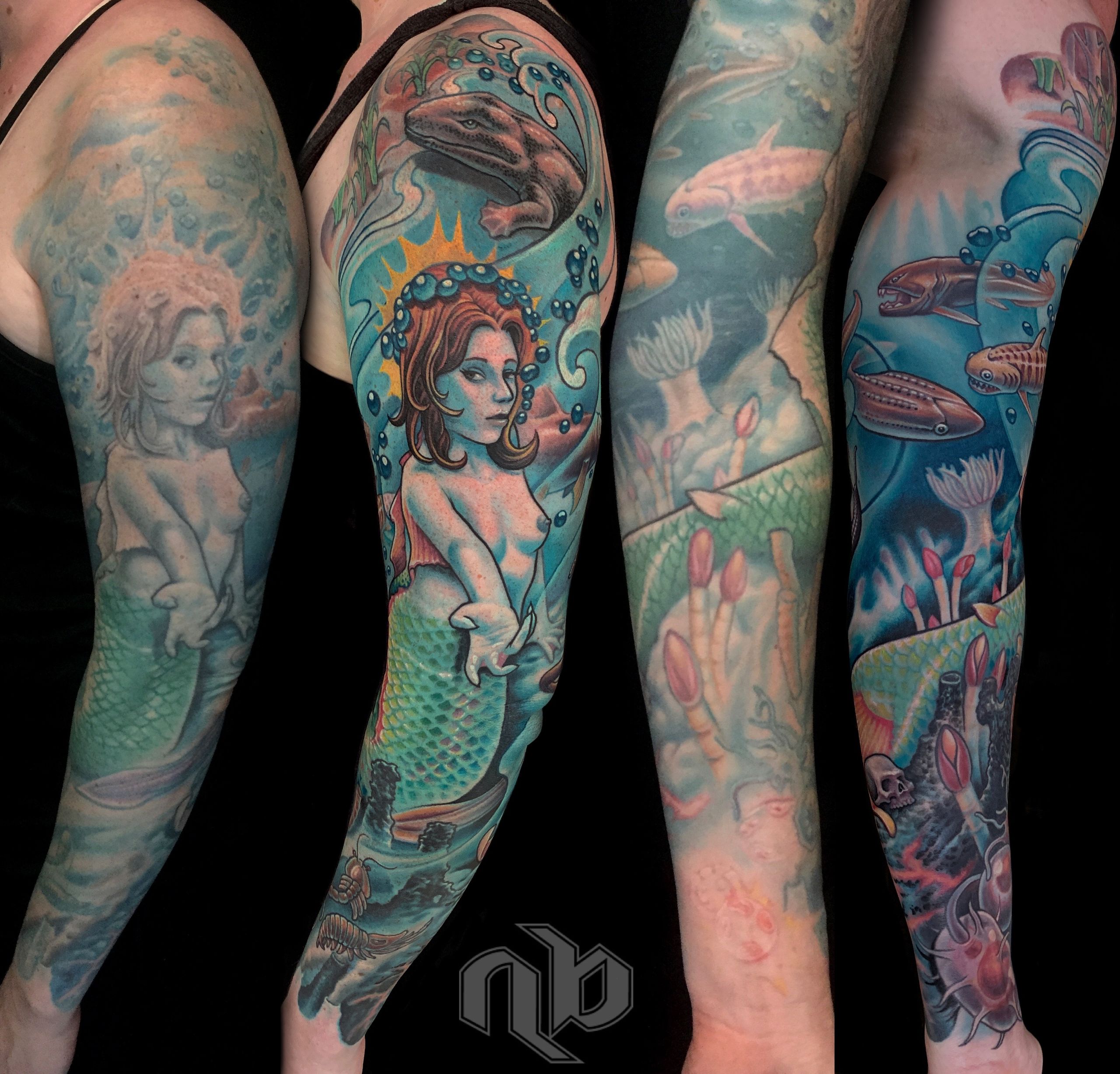 Four side-by-side arm views show a large blue-green mermaid tattoo surrounded by fish, prehistoric sea creatures, bubbles, and aquatic plants.
