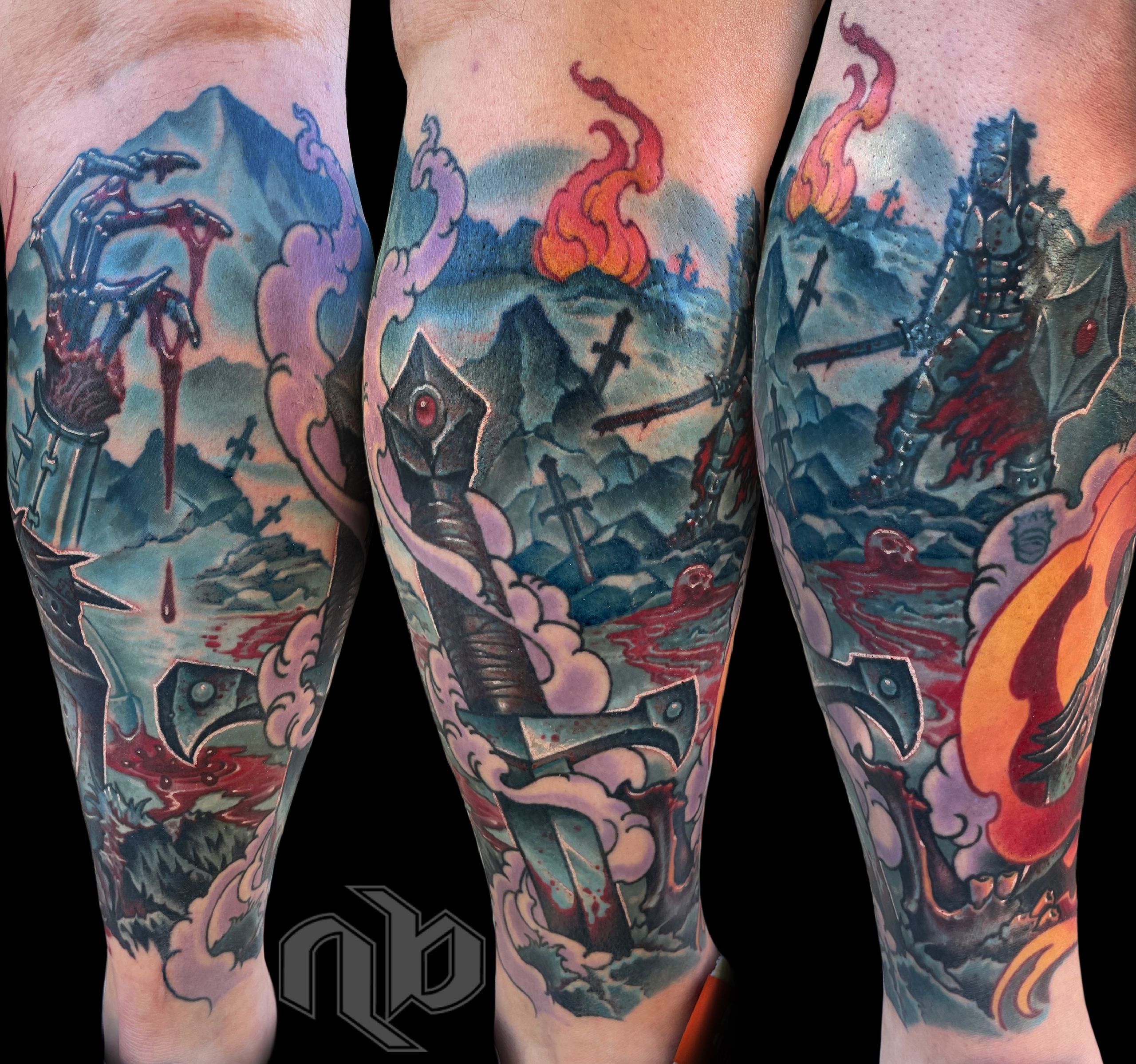color leg tattoo of a medieval battle scene with forged armor, weapons, knights and flames in a gloomy wasteland by nick baxter in austin texas