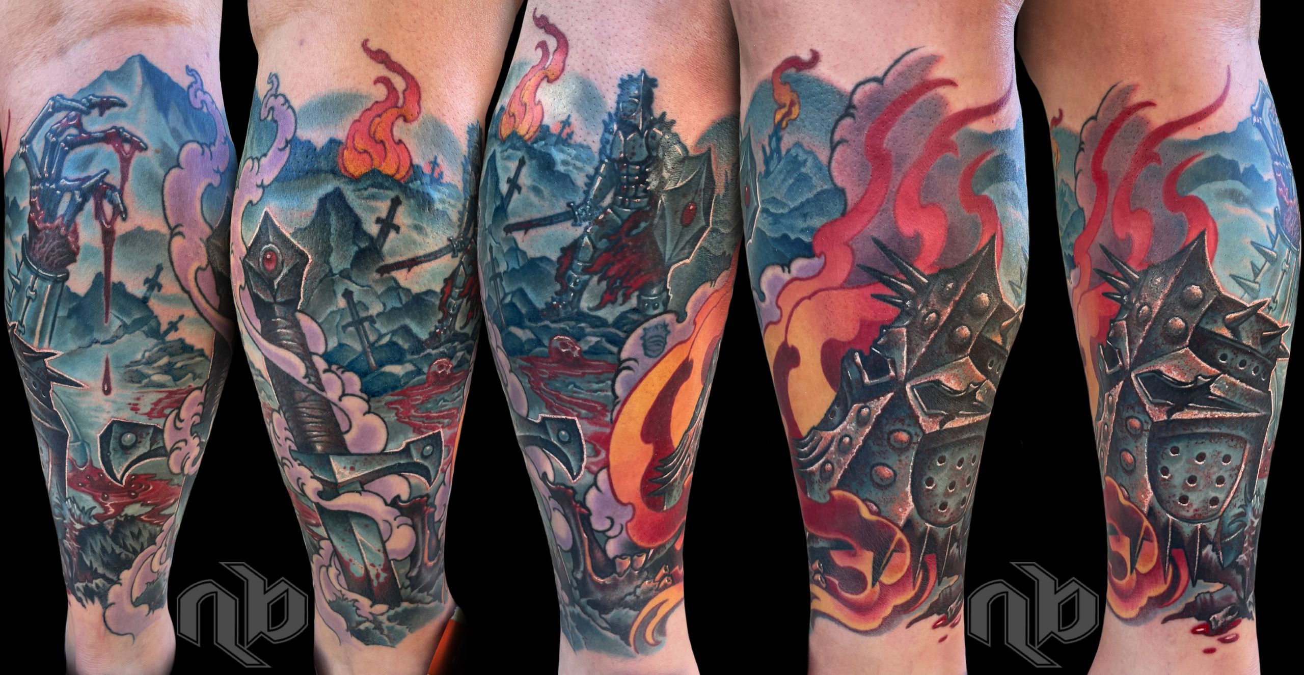 color leg tattoo of a medieval battle scene with forged armor, weapons, knights and flames in a gloomy wasteland by nick baxter in austin texas