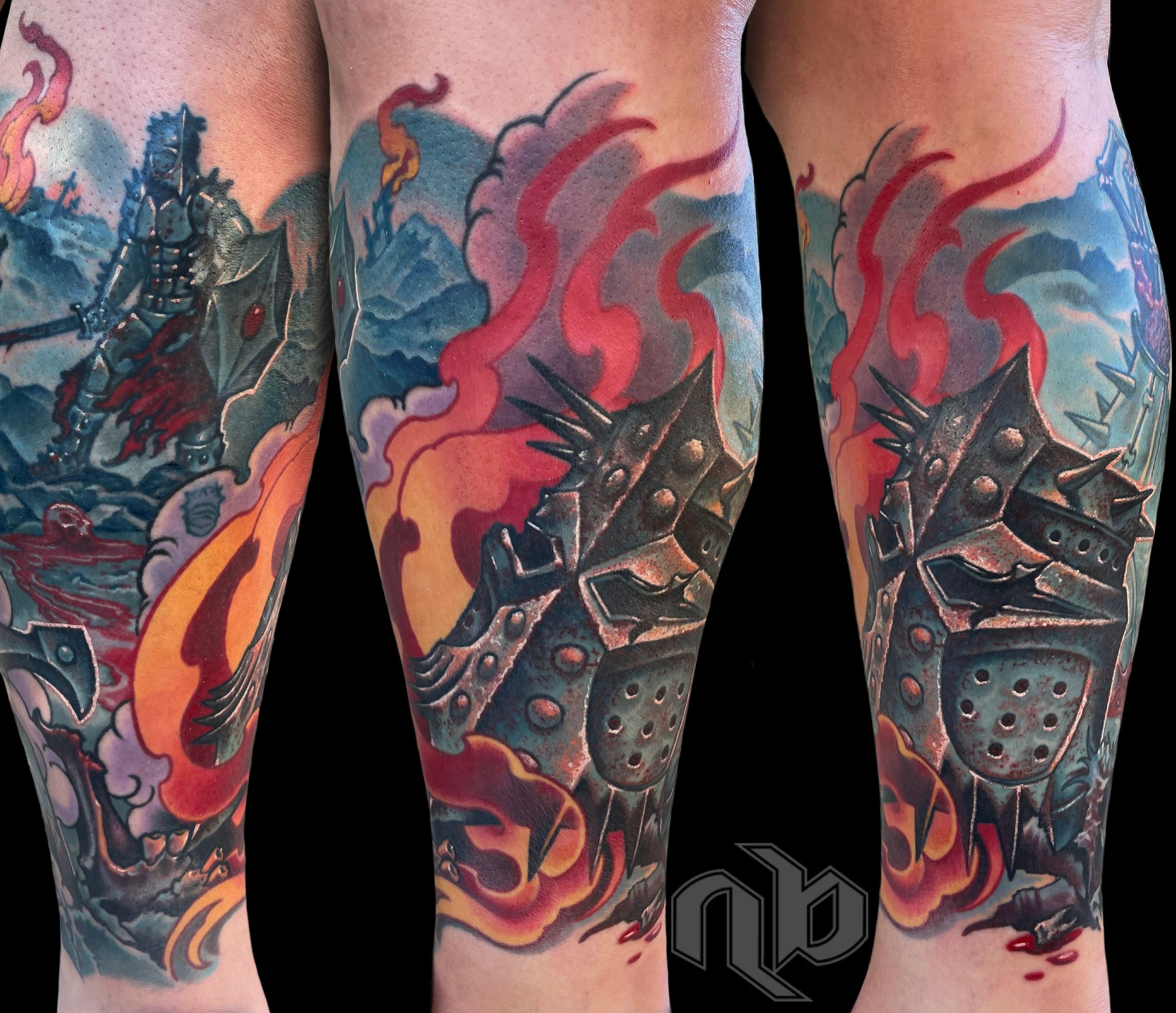 color leg tattoo of a medieval battle scene with forged armor, weapons, knights and flames in a gloomy wasteland by nick baxter in austin texas