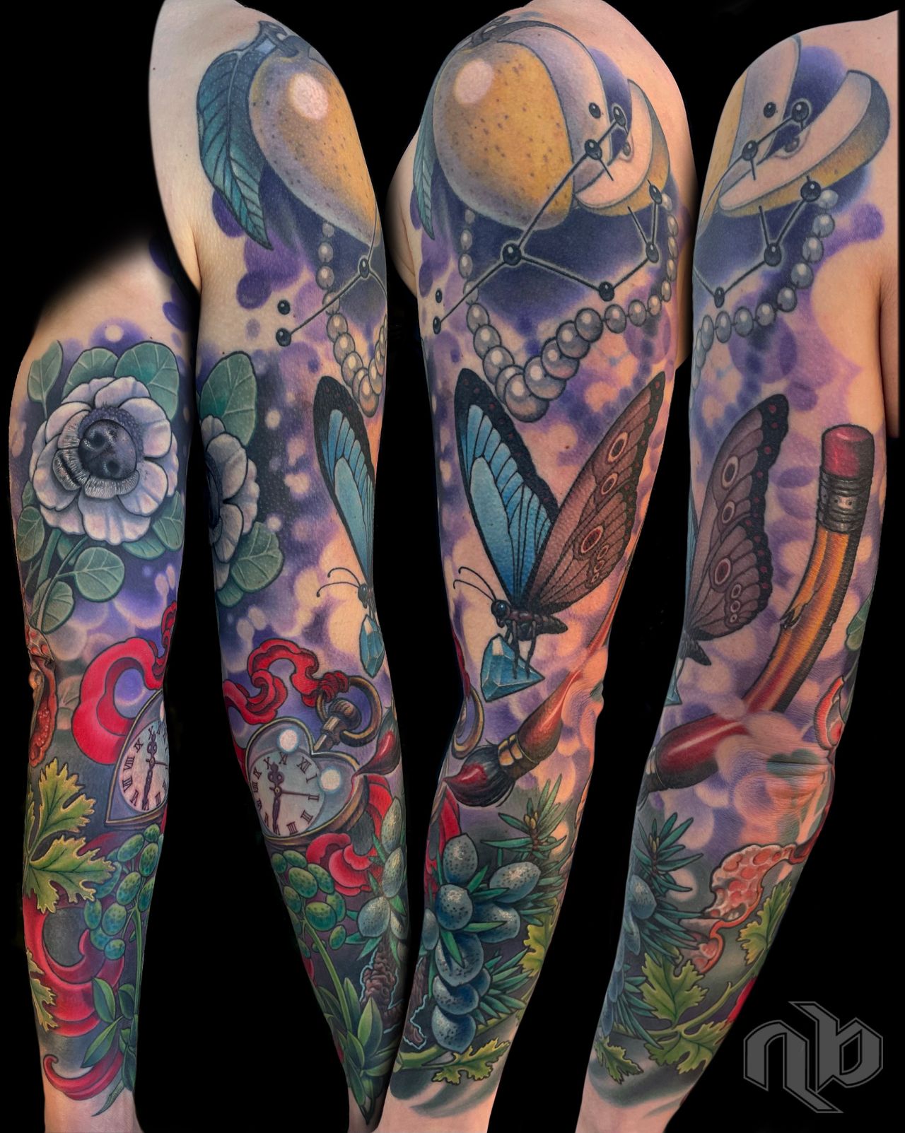 Four views show a large colorful arm tattoo combining citrus slices, constellations, pearls, butterflies, flowers, watches, a pencil, berries, and foliage against purple shading.