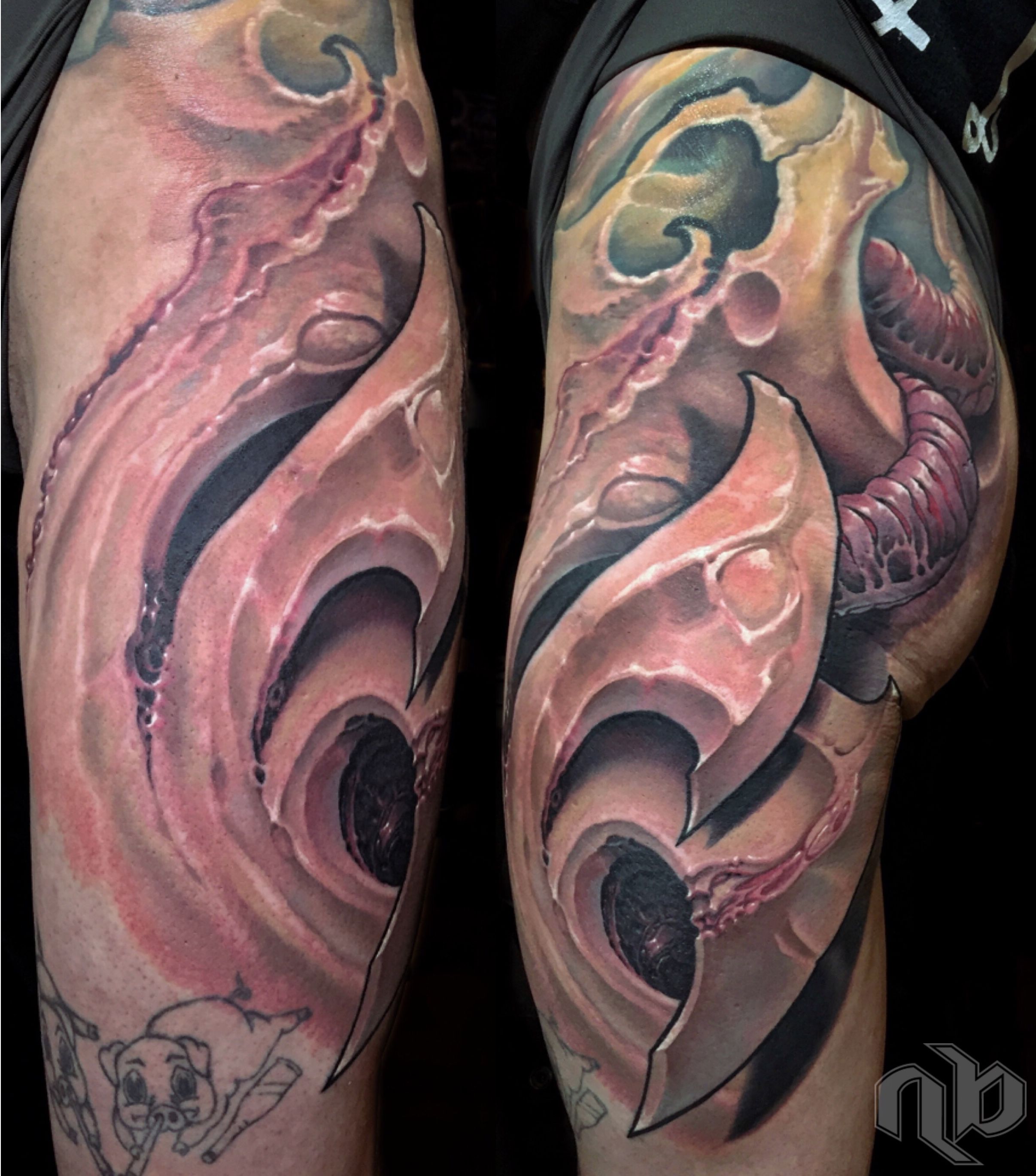 color bio-organic anatomical fleshy tattoo by nick baxter in austin texas
