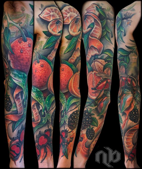 Five views of a large arm tattoo depict vivid citrus slices, berries, green leaves, droplets, and insects against a black background.