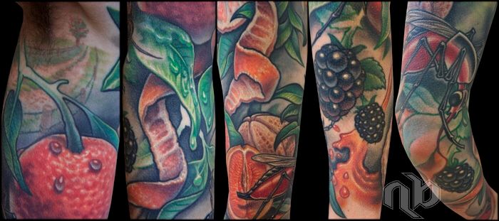 Five close views of a large, colorful arm tattoo show peeled oranges, blackberries, green leaves, water droplets, and a mosquito.