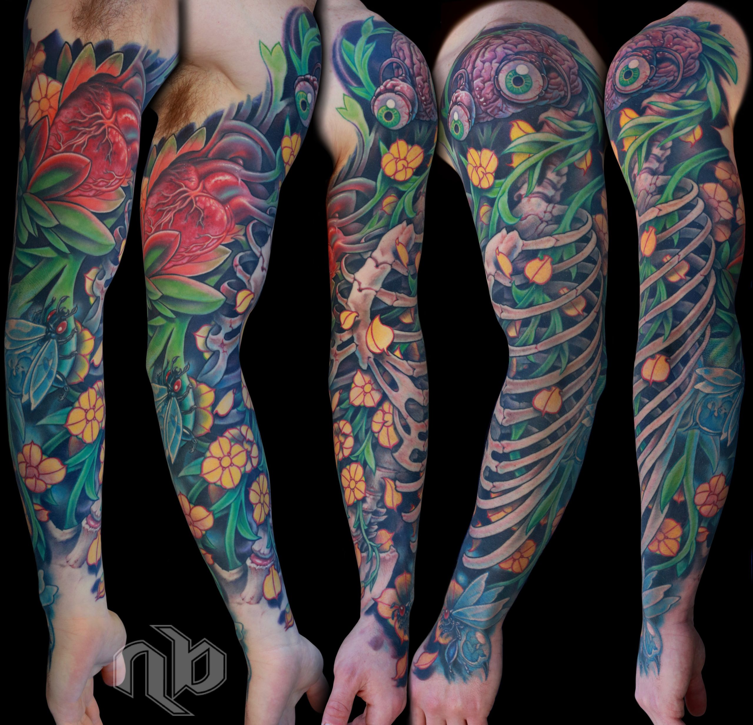 Five views show a large arm tattoo of a brain, eyeballs, heart, skeleton, insects, orange flowers, and green foliage against black.