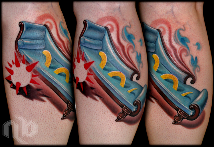 Three close views show a small leg tattoo of a blue chaise lounge with yellow accents, red bursts, and curling red-blue flourishes.