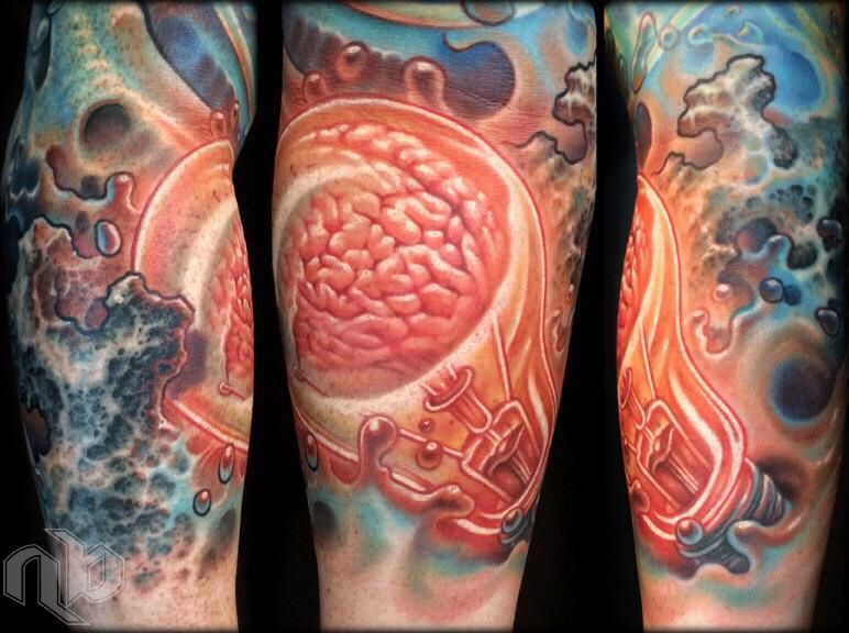 Three close views show a small arm tattoo of an orange brain in a glowing lightbulb amid textured rocks and blue organic shapes.