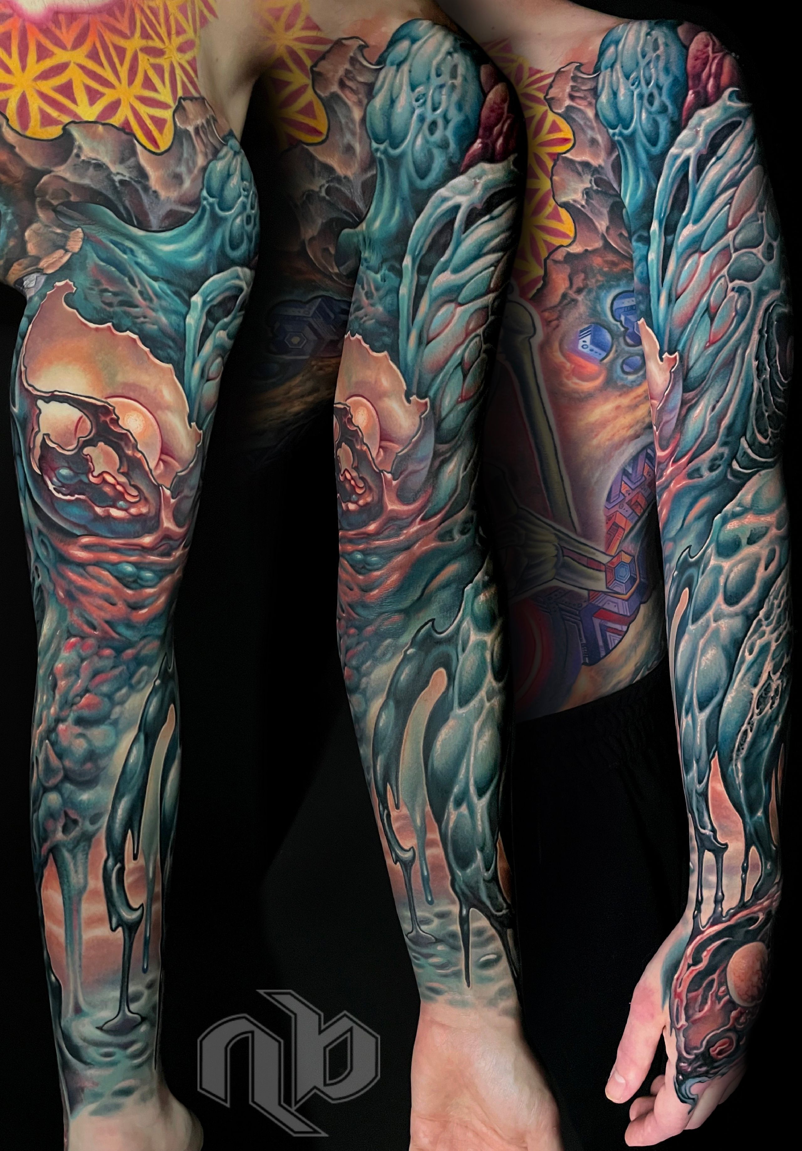dripping oily sludgy color bio organic tattoo by Nick Baxter in Austin Texas