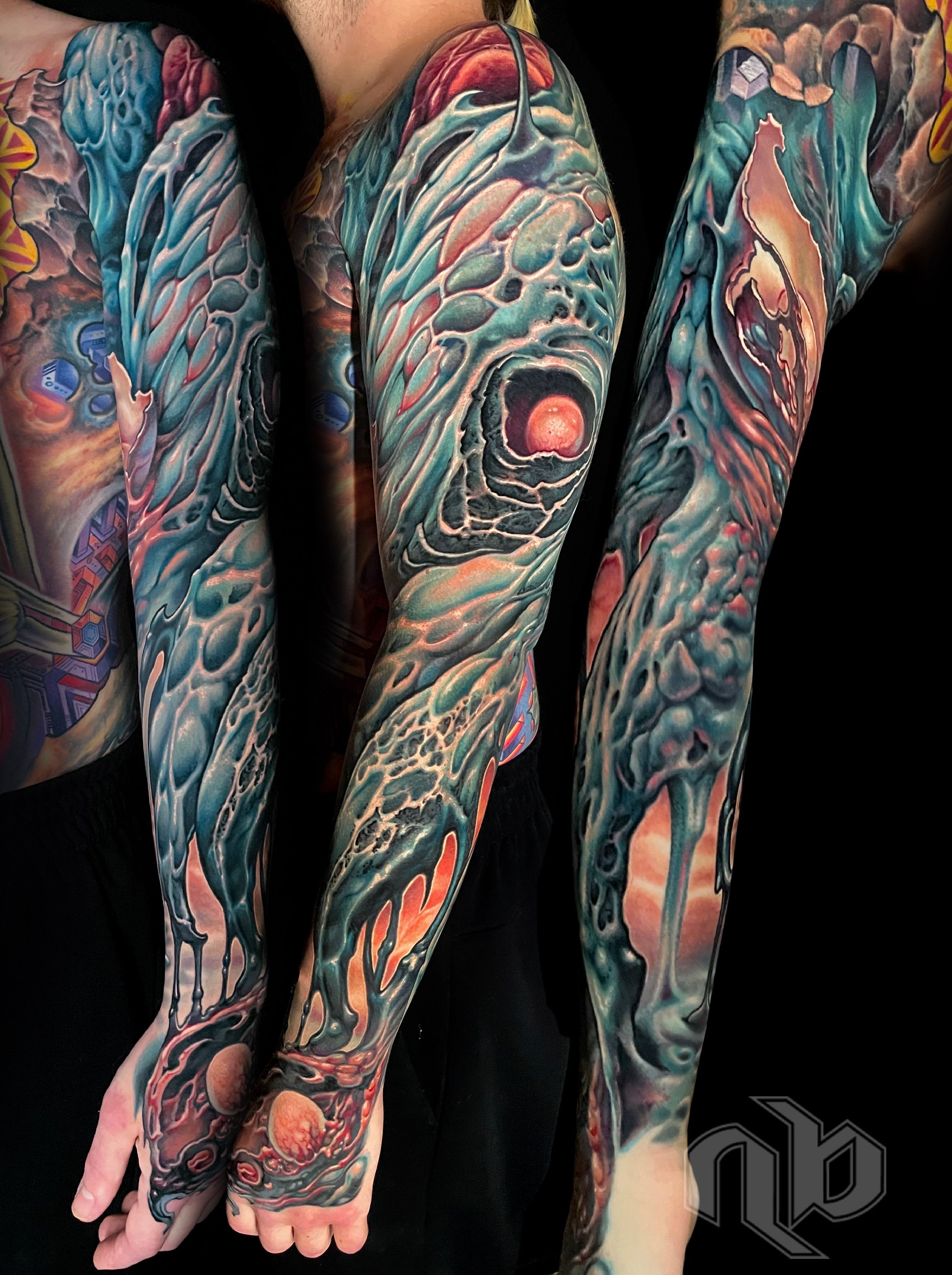 dripping oily sludgy color bio organic tattoo by Nick Baxter in Austin Texas